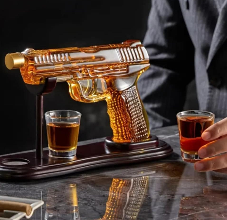 Gun-Shaped Glass Decanter Set with Stand & Shot Glasses