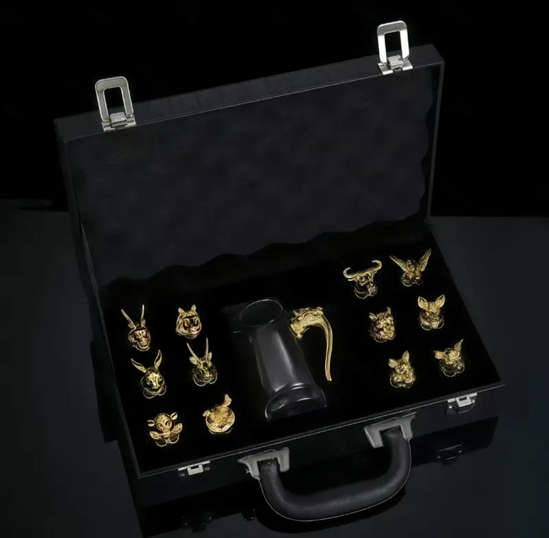 Retro Zodiac Glass Shot Set with Dragon Handle Decanter – 13 Pieces