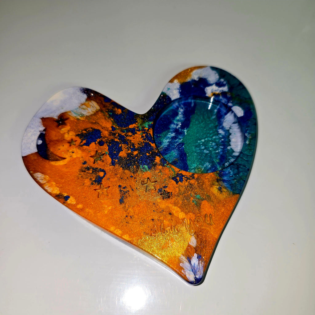 Handmade Heart-Shaped Resin Tealight Holder with “I Love You” Text – Decorative Candle Stand (13 cm)