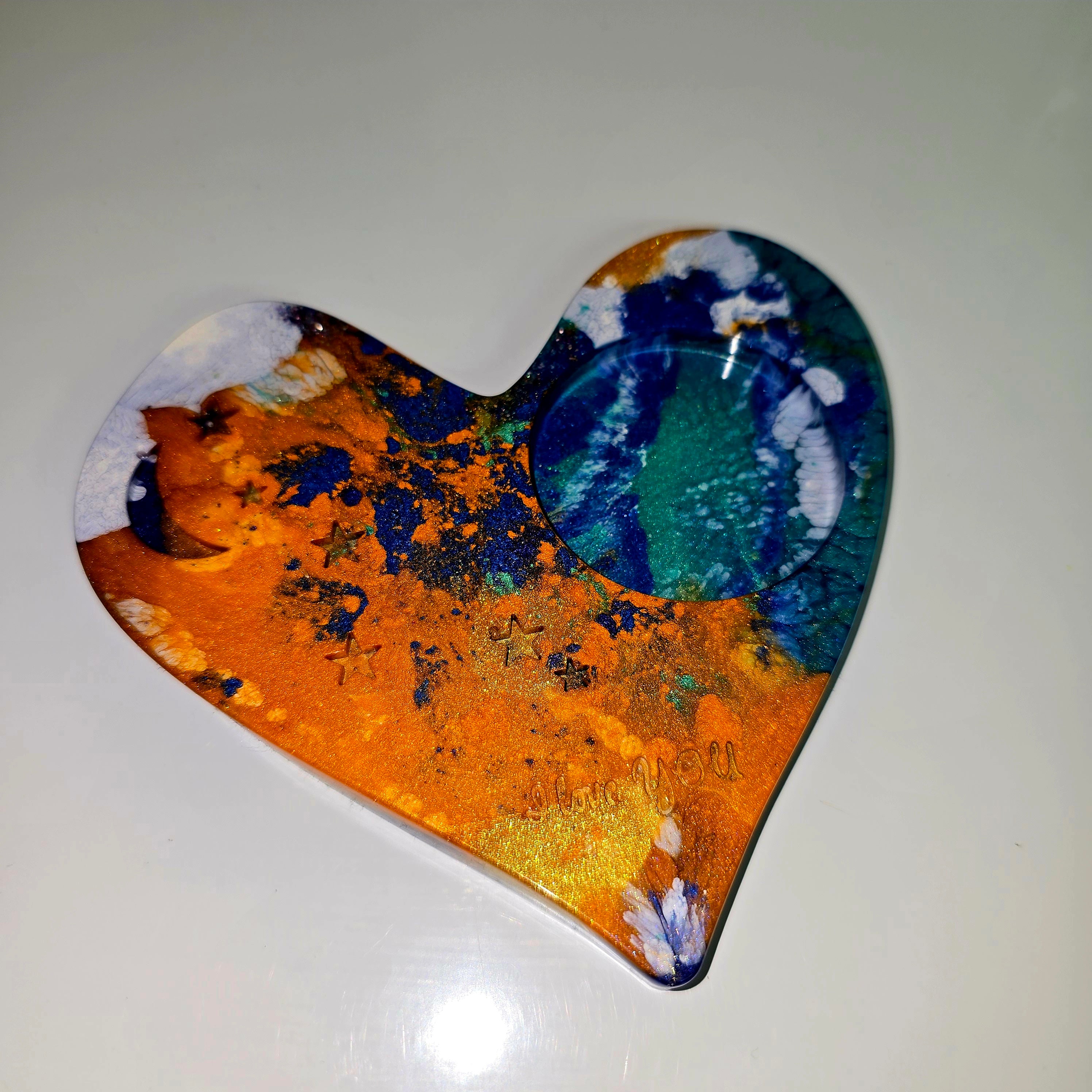 Handmade Heart-Shaped Resin Tealight Holder with “I Love You” Text – Decorative Candle Stand (13 cm)