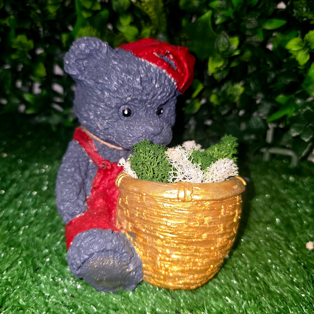 Handmade Cement Teddy Bear Planter – Moss or Artificial Flowers Variant