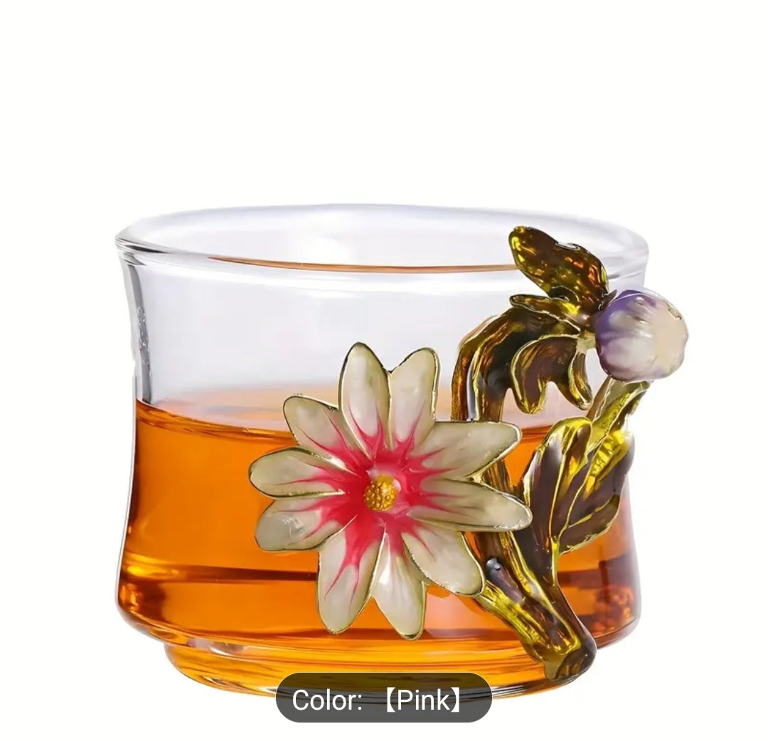 Luxury Glass Tea & Coffee Set with Floral Design- pink