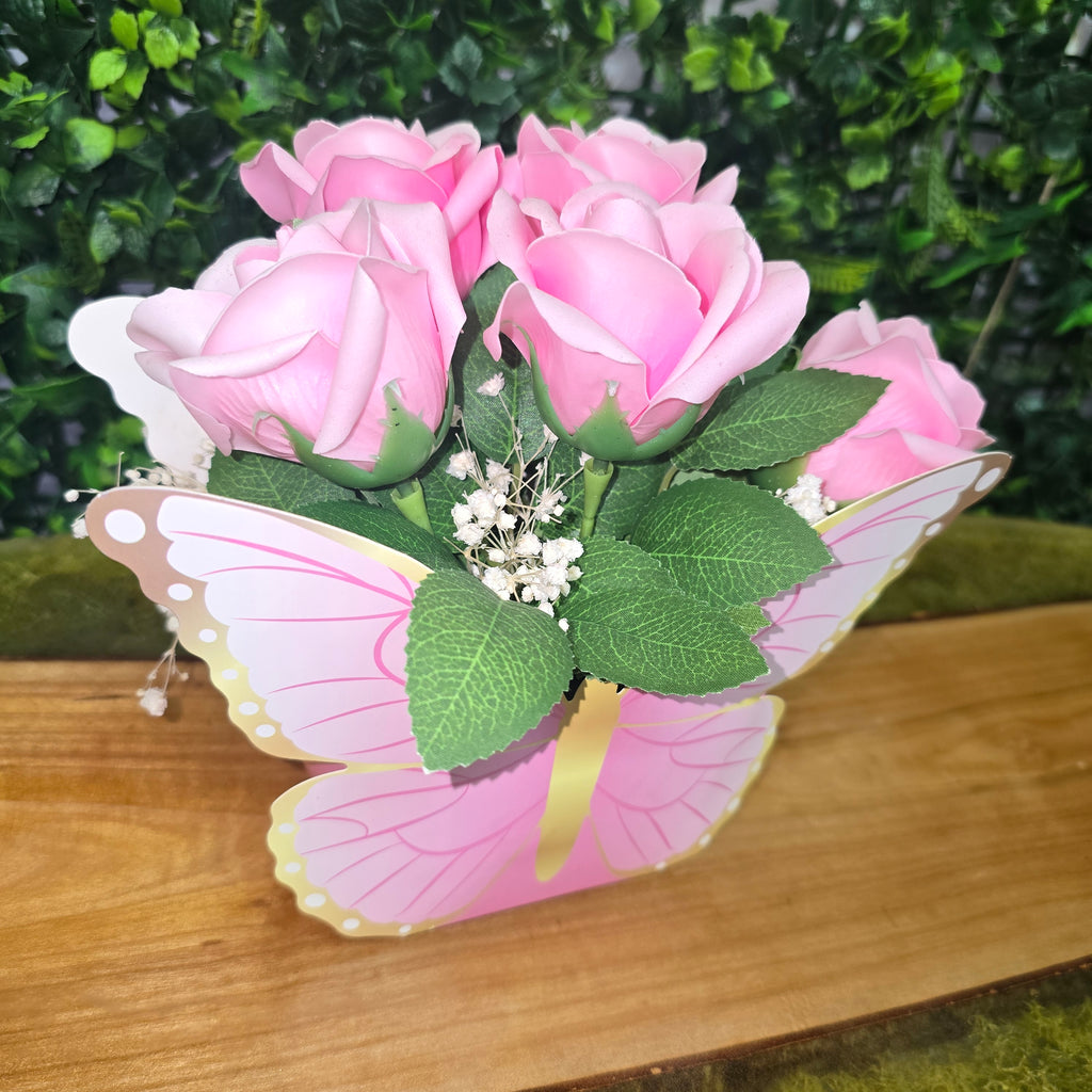 Butterfly Flower Box with Artificial Roses and Decorative Flowers