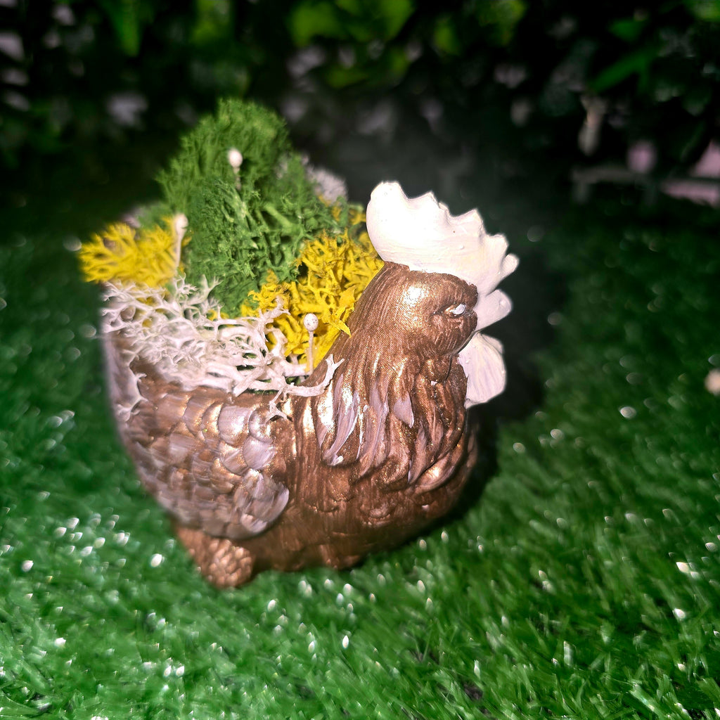 Handmade Concrete Rooster Planter with Natural Scandinavian Moss