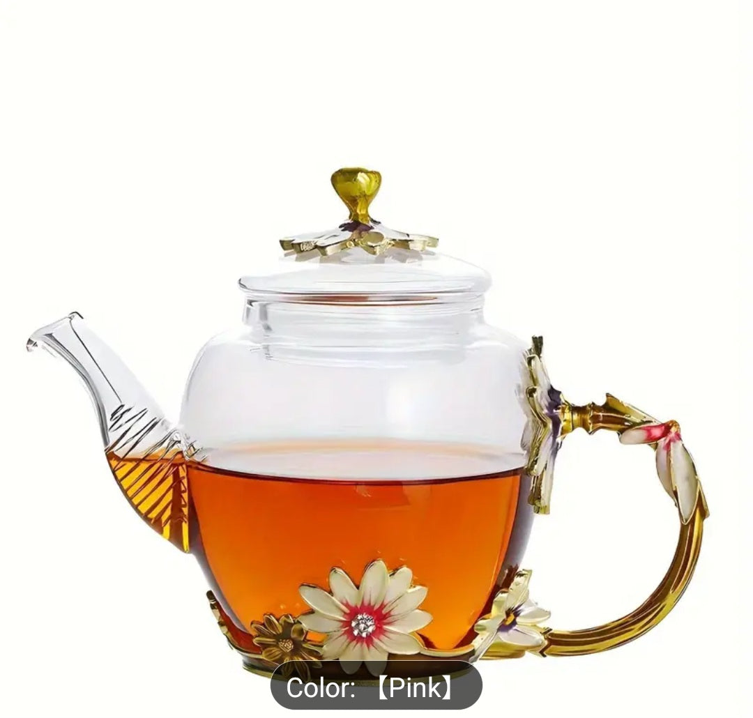 Luxury Glass Tea & Coffee Set with Floral Design- pink