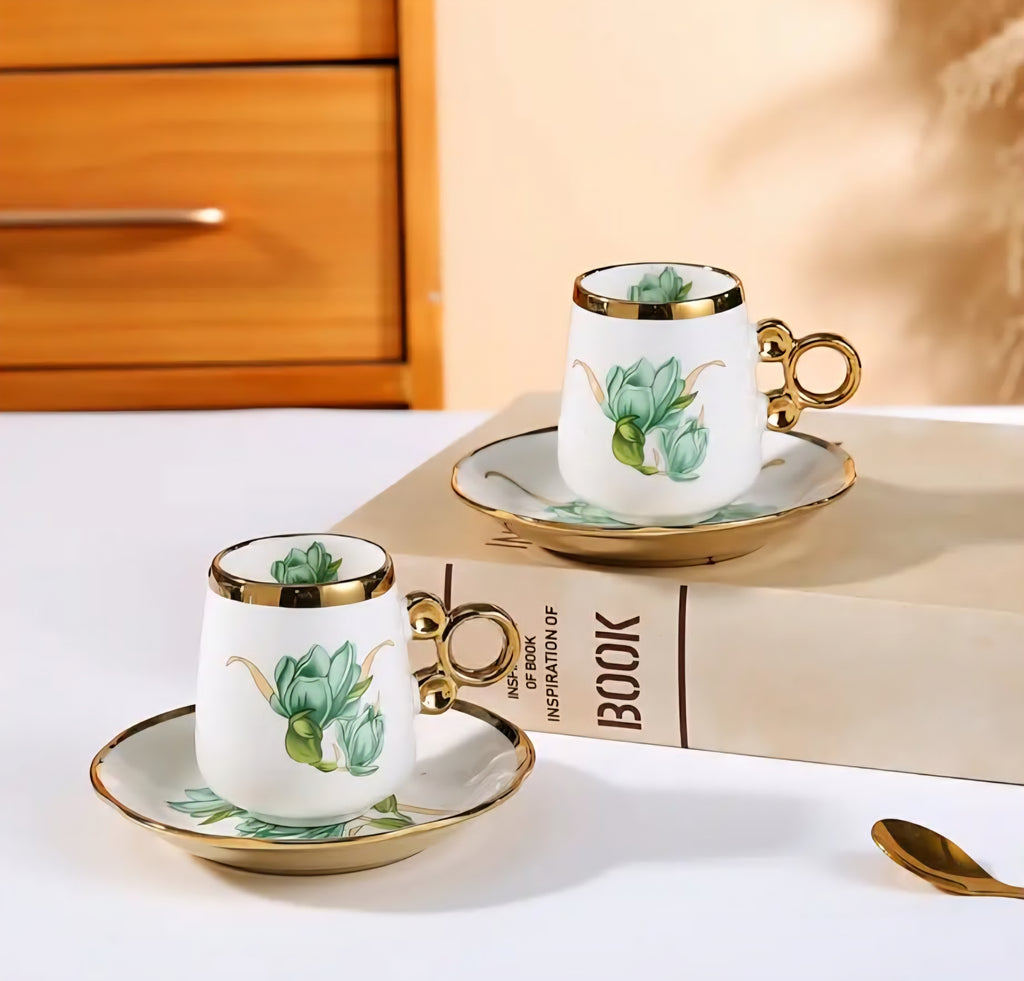 Elegant Nordic Ceramic Espresso Coffee Set – 6 Cups & 6 Saucers, Floral Design