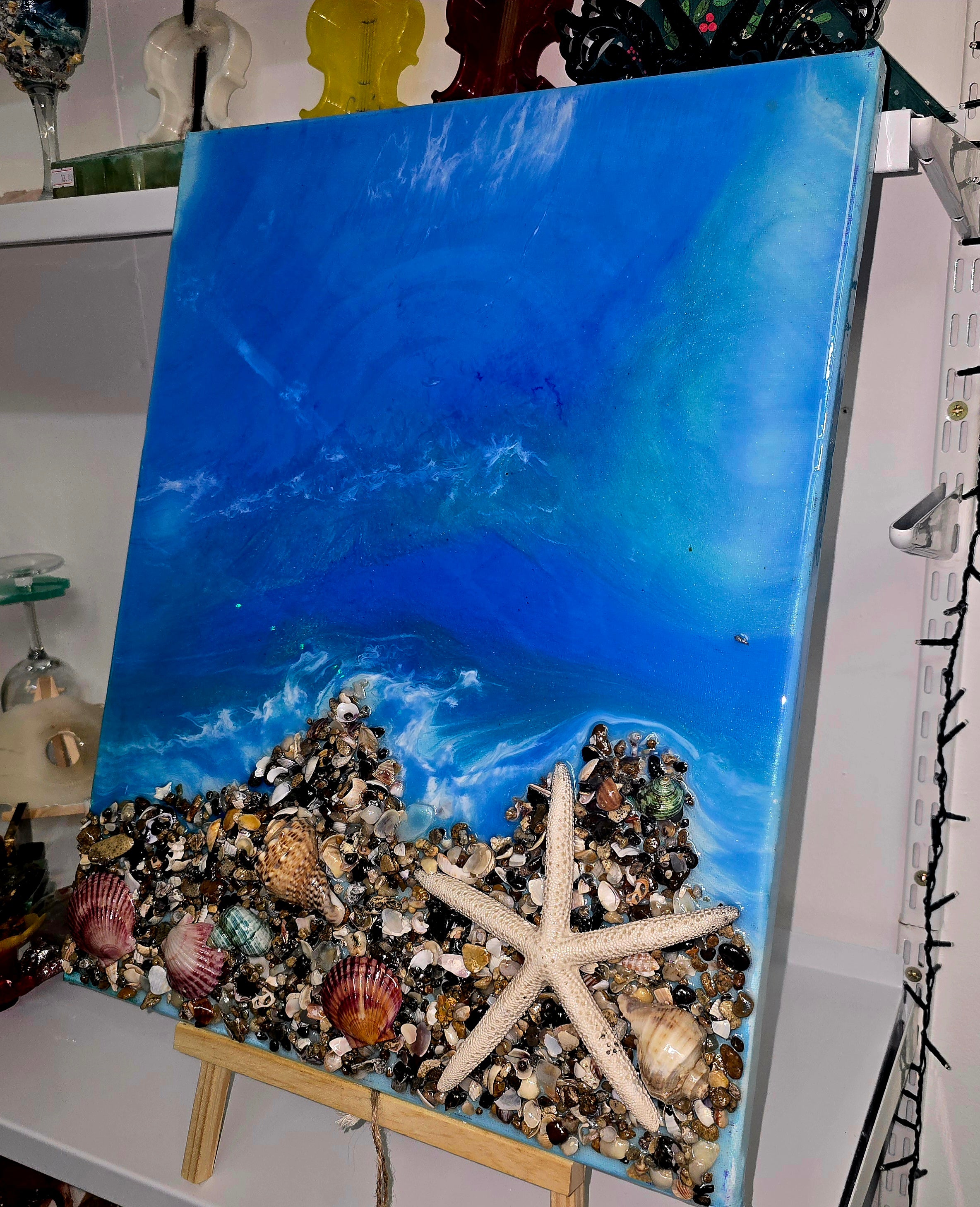 Large Handmade Epoxy Resin Ocean Wall Art with Natural Shells & Starfish – Coastal Decor (52 × 41 cm)