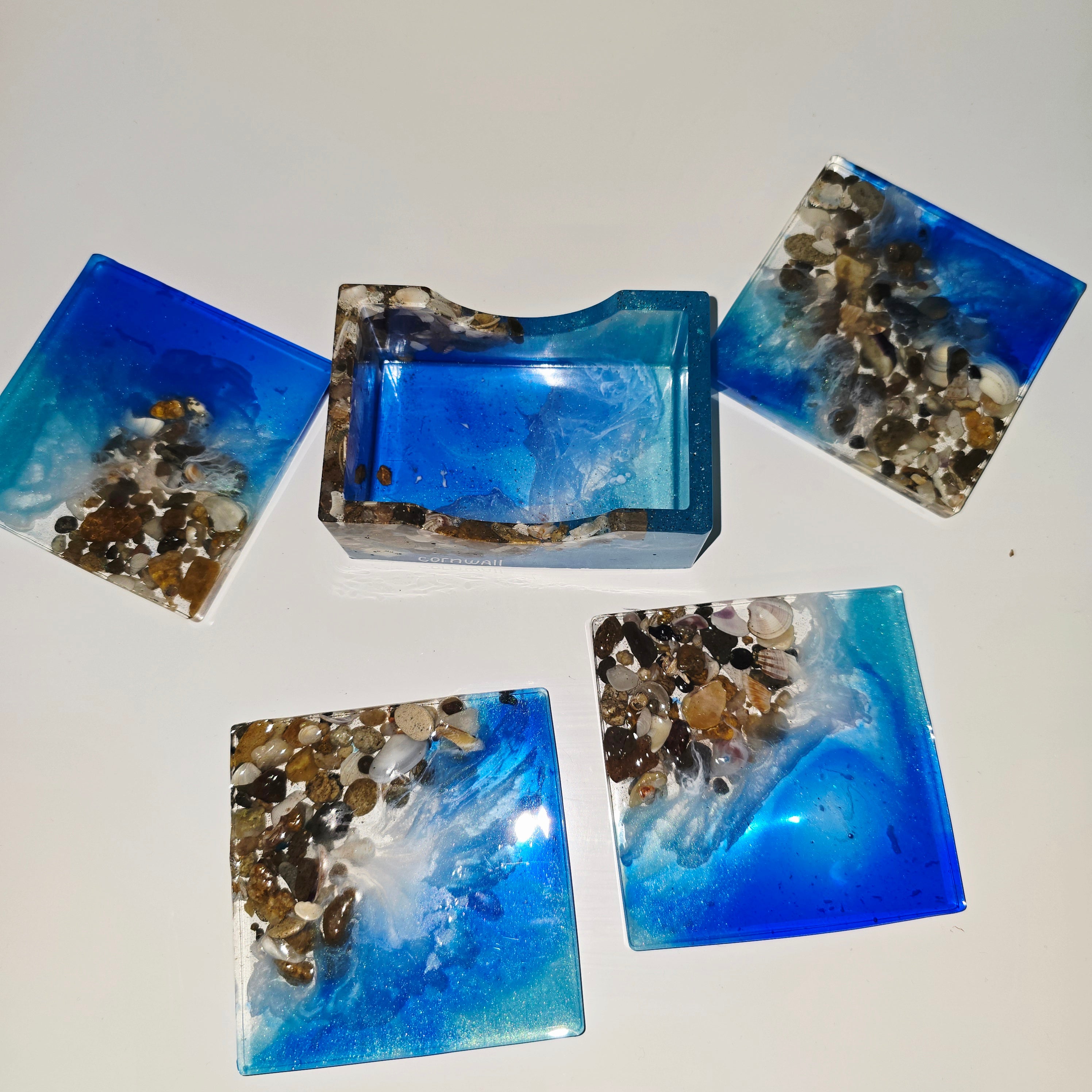 Handmade Resin Coaster Set with Holder – Ocean & Pebble Design (Set of 4)