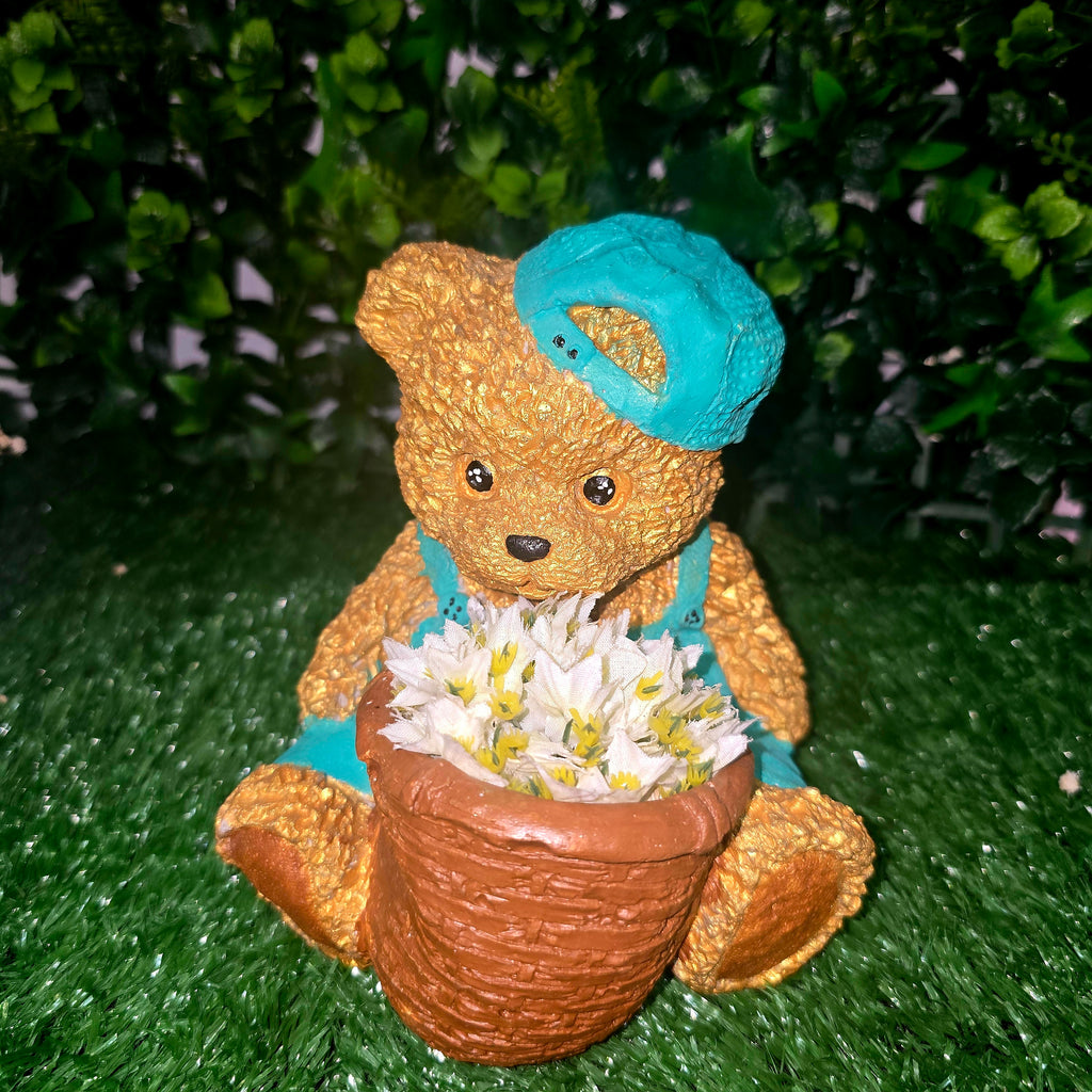 Handmade Cement Teddy Bear Planter – Moss or Artificial Flowers Variant