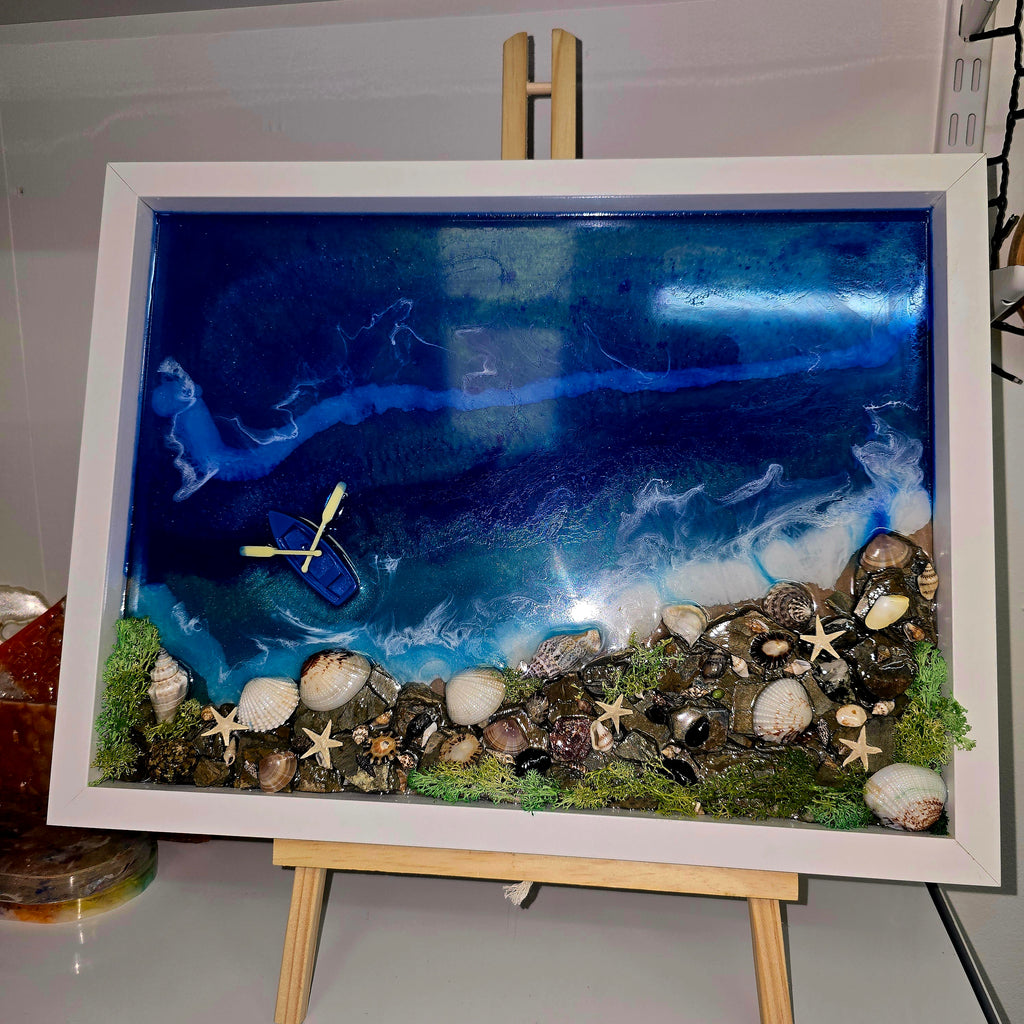Handmade Epoxy Resin Seascape Wall Art with Natural Shells – Coastal Decor (42.5 × 33 cm)