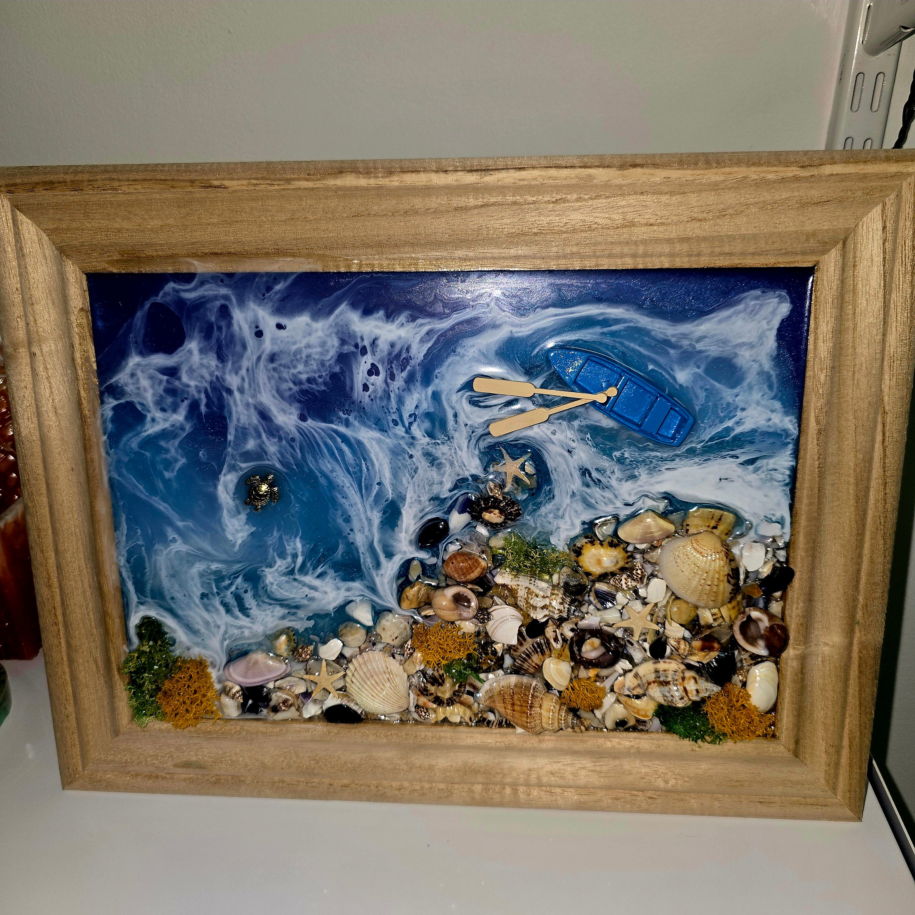 Handmade Epoxy Resin Ocean Wall Art with Natural Seashells – Framed Coastal Decor