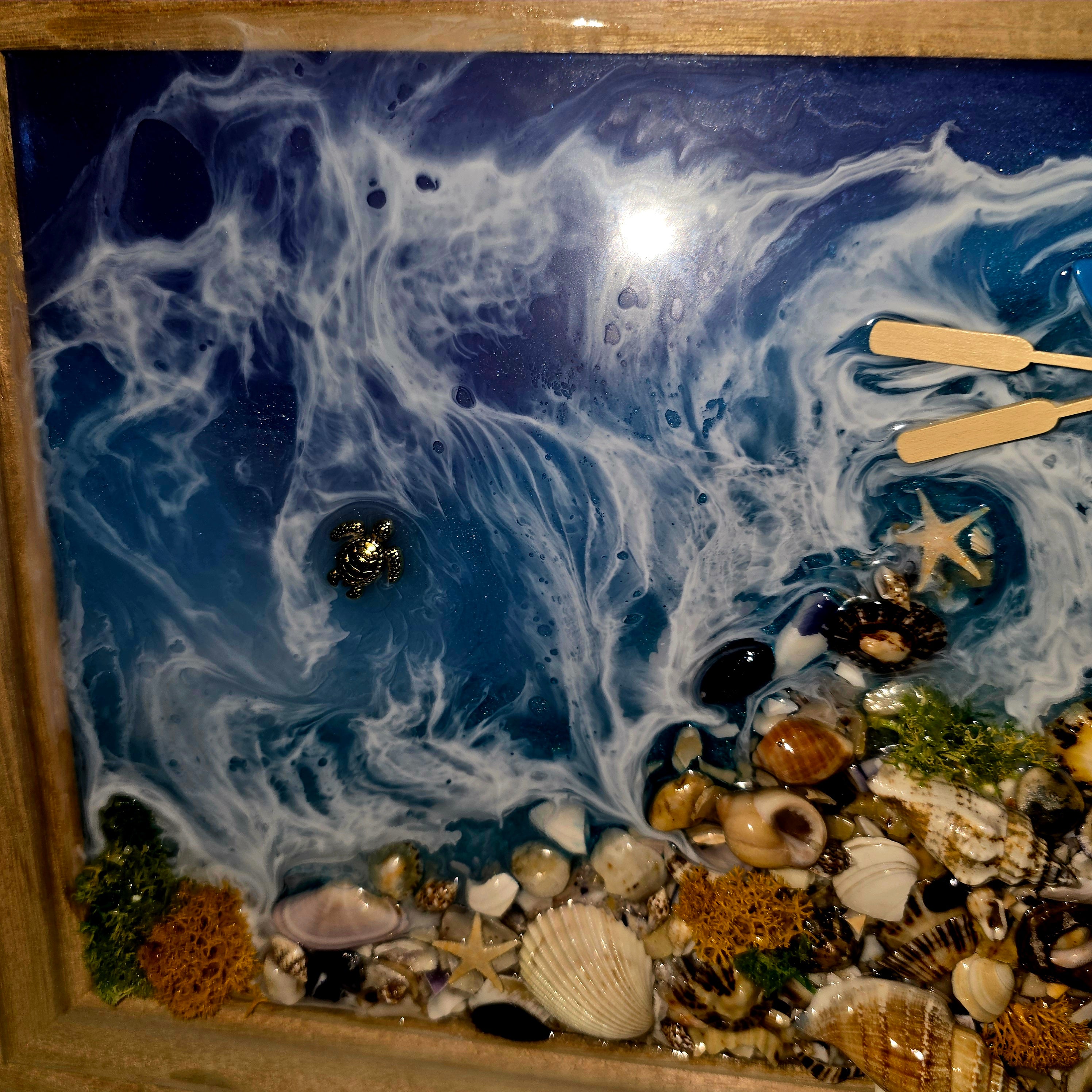 Handmade Epoxy Resin Ocean Wall Art with Natural Seashells – Framed Coastal Decor