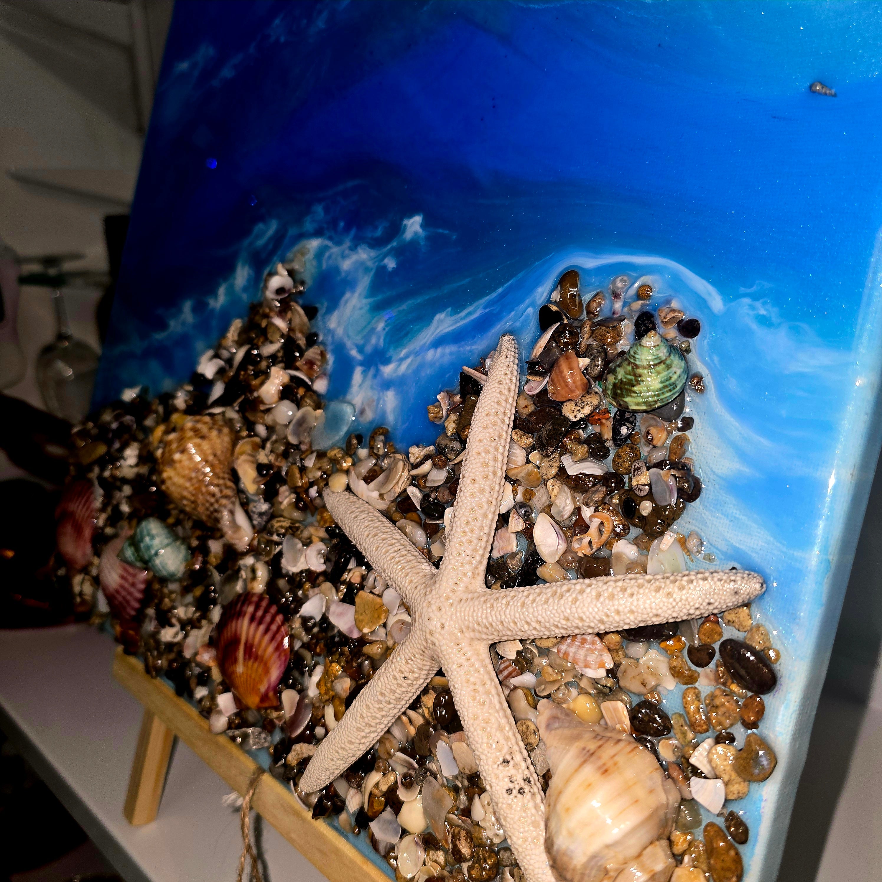 Large Handmade Epoxy Resin Ocean Wall Art with Natural Shells & Starfish – Coastal Decor (52 × 41 cm)