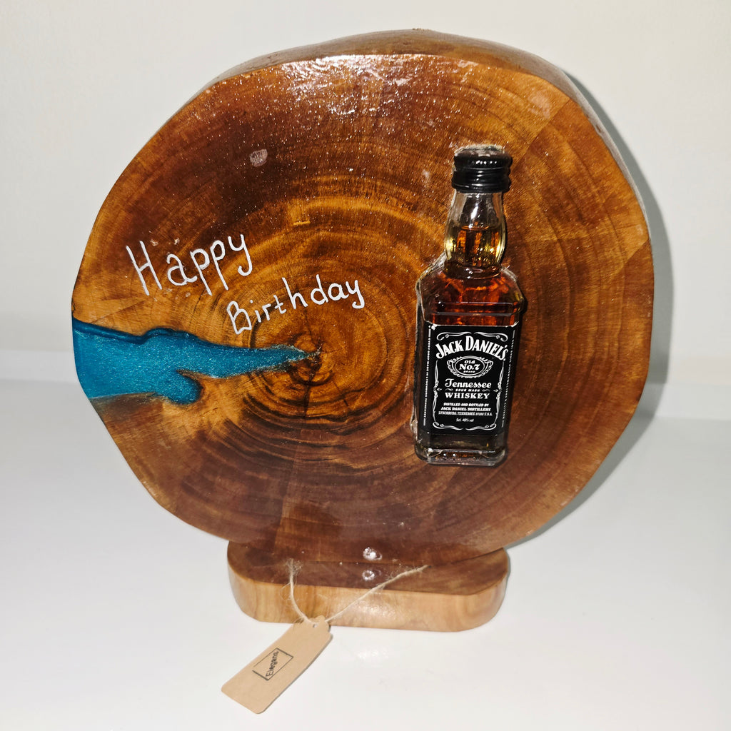 Handmade Wood & Epoxy Birthday Decor with Sealed Alcohol Bottle – Unique Display Gift (24 cm)