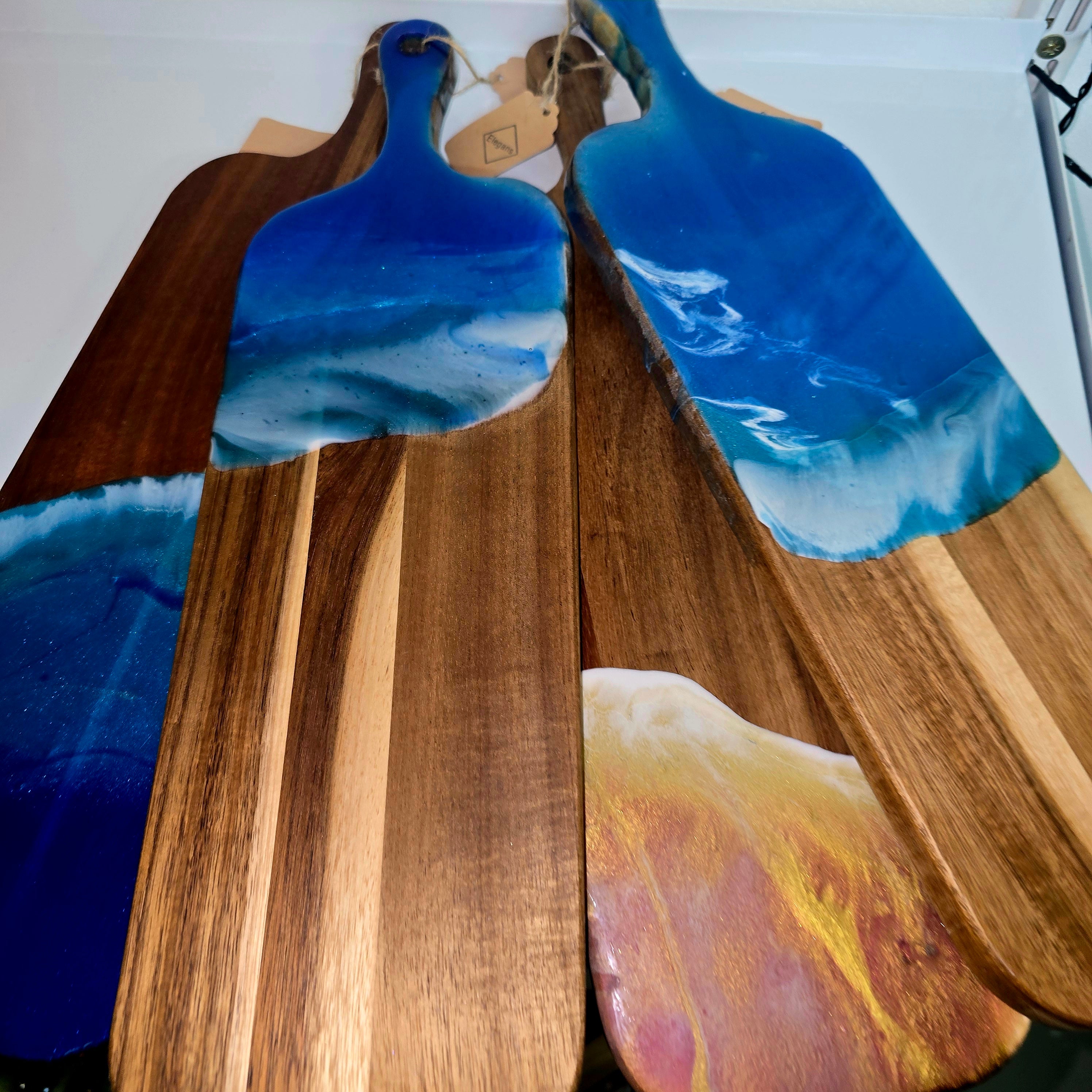 🌊 Handmade Wooden Serving Board with Resin Art – Ocean Style Design (41 × 12 cm)