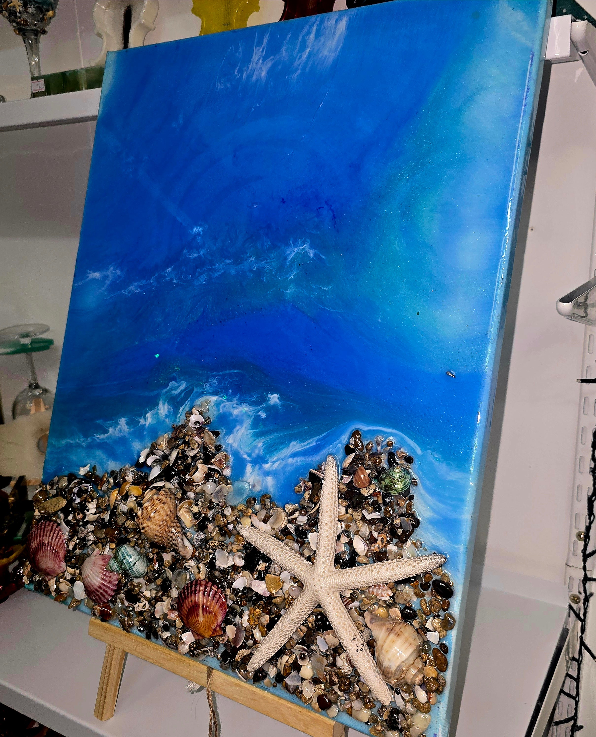 Large Handmade Epoxy Resin Ocean Wall Art with Natural Shells & Starfish – Coastal Decor (52 × 41 cm)