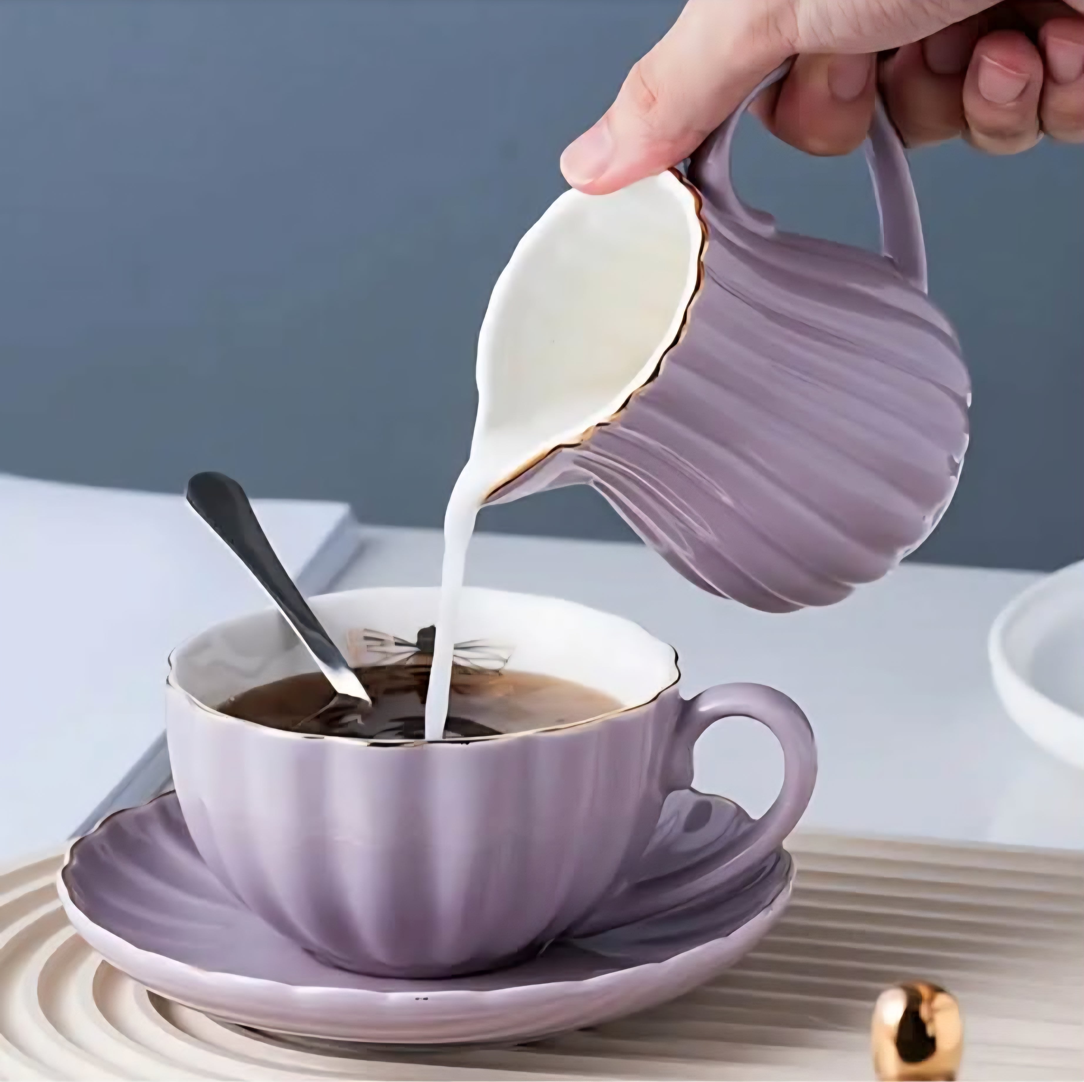 Purple Ceramic Coffee Set – Cups, Saucers, Milk Jug & Sugar Bowl with Spoon