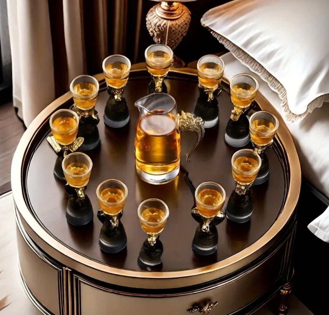 Retro Zodiac Glass Shot Set with Dragon Handle Decanter – 13 Pieces