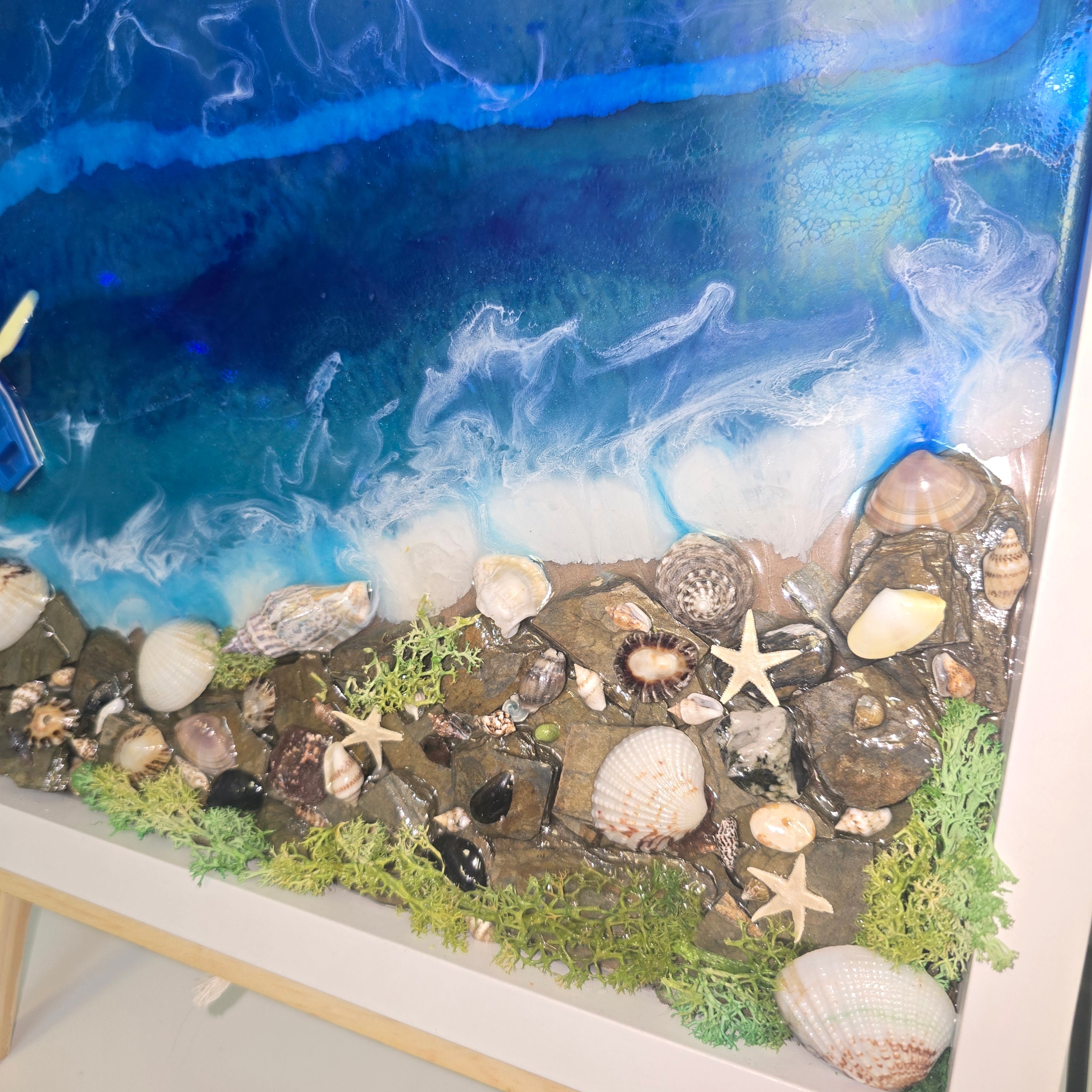 Handmade Epoxy Resin Seascape Wall Art with Natural Shells – Coastal Decor (42.5 × 33 cm)
