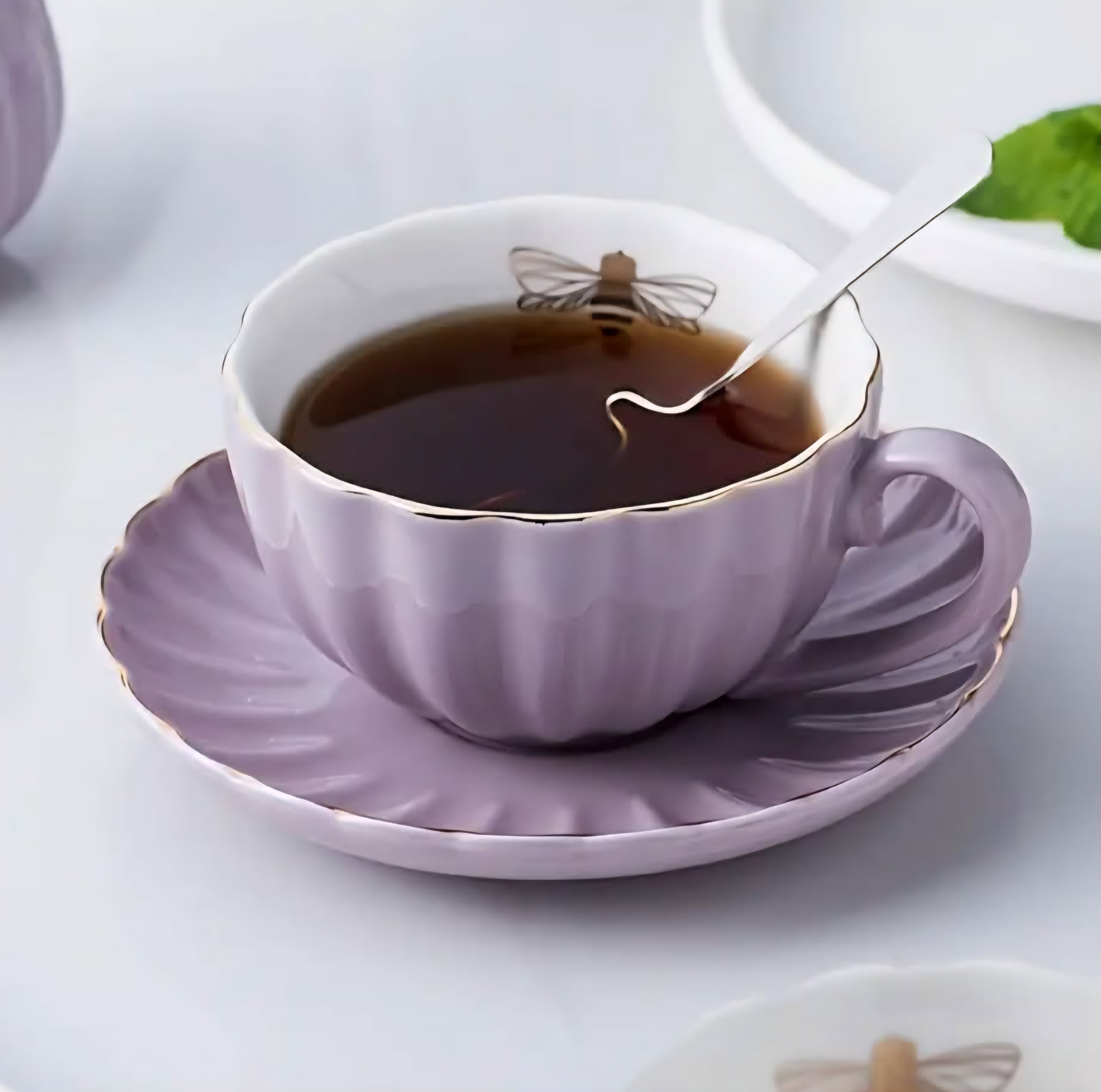 Purple Ceramic Coffee Set – Cups, Saucers, Milk Jug & Sugar Bowl with Spoon