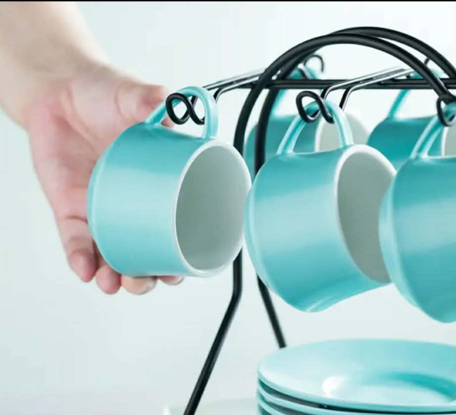 Turquoise Porcelain Espresso Cup Set with Saucers & Metal Stand – Set of 6 (4oz)