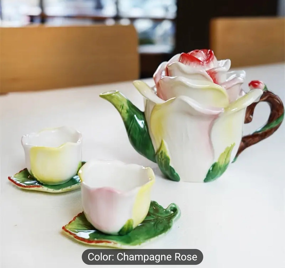 Rose Design Ceramic Tea Set – Teapot, 2 Cups & Leaf Saucers
