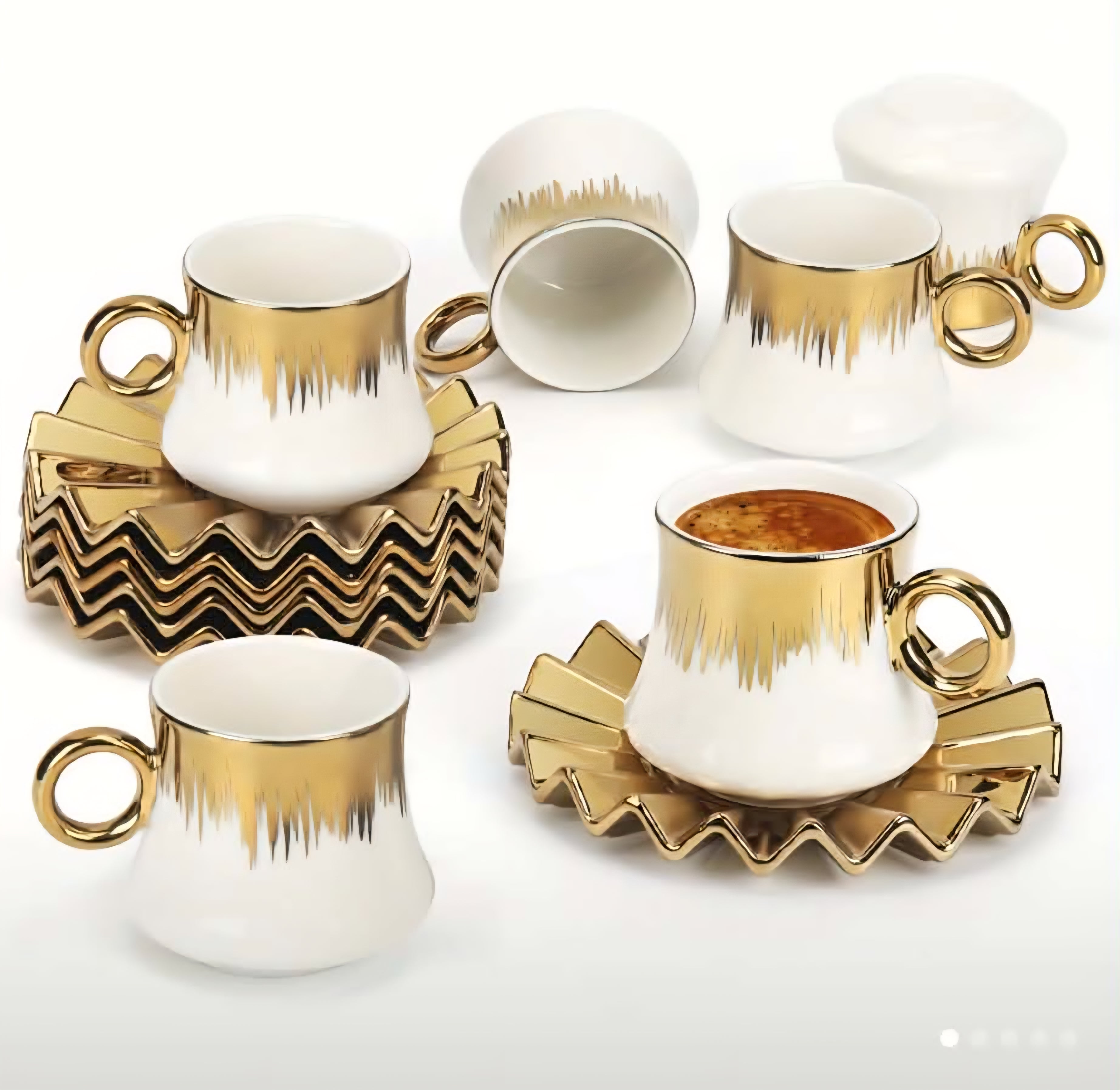 Luxury Ceramic Espresso Cup Set – White & Gold Design, 6 Cups with Saucers