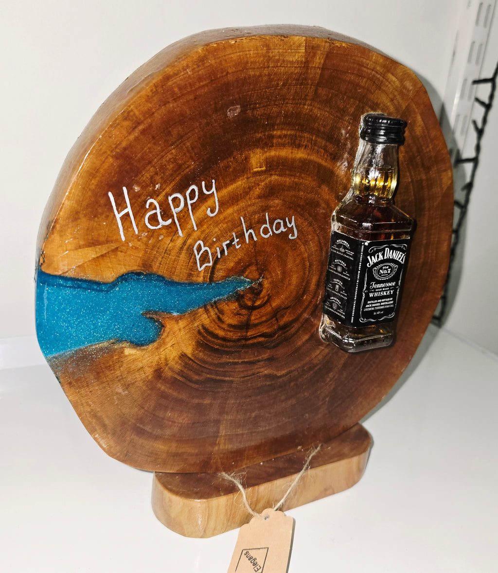 Handmade Wood & Epoxy Birthday Decor with Sealed Alcohol Bottle – Unique Display Gift (24 cm)