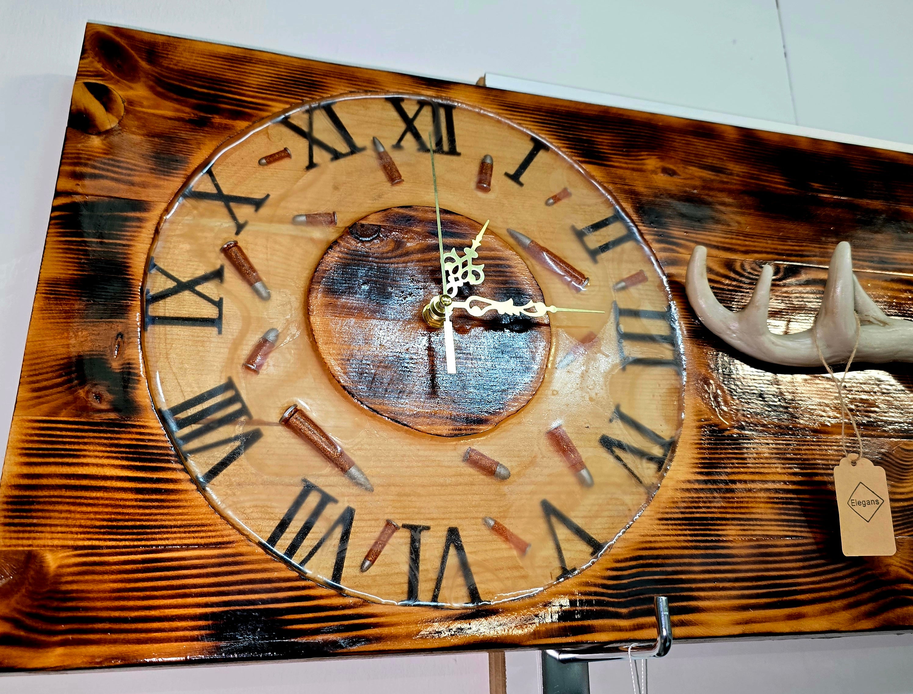 Handmade Rustic Wooden Wall Clock with Epoxy Resin & Antler Detail – 77×30 cm