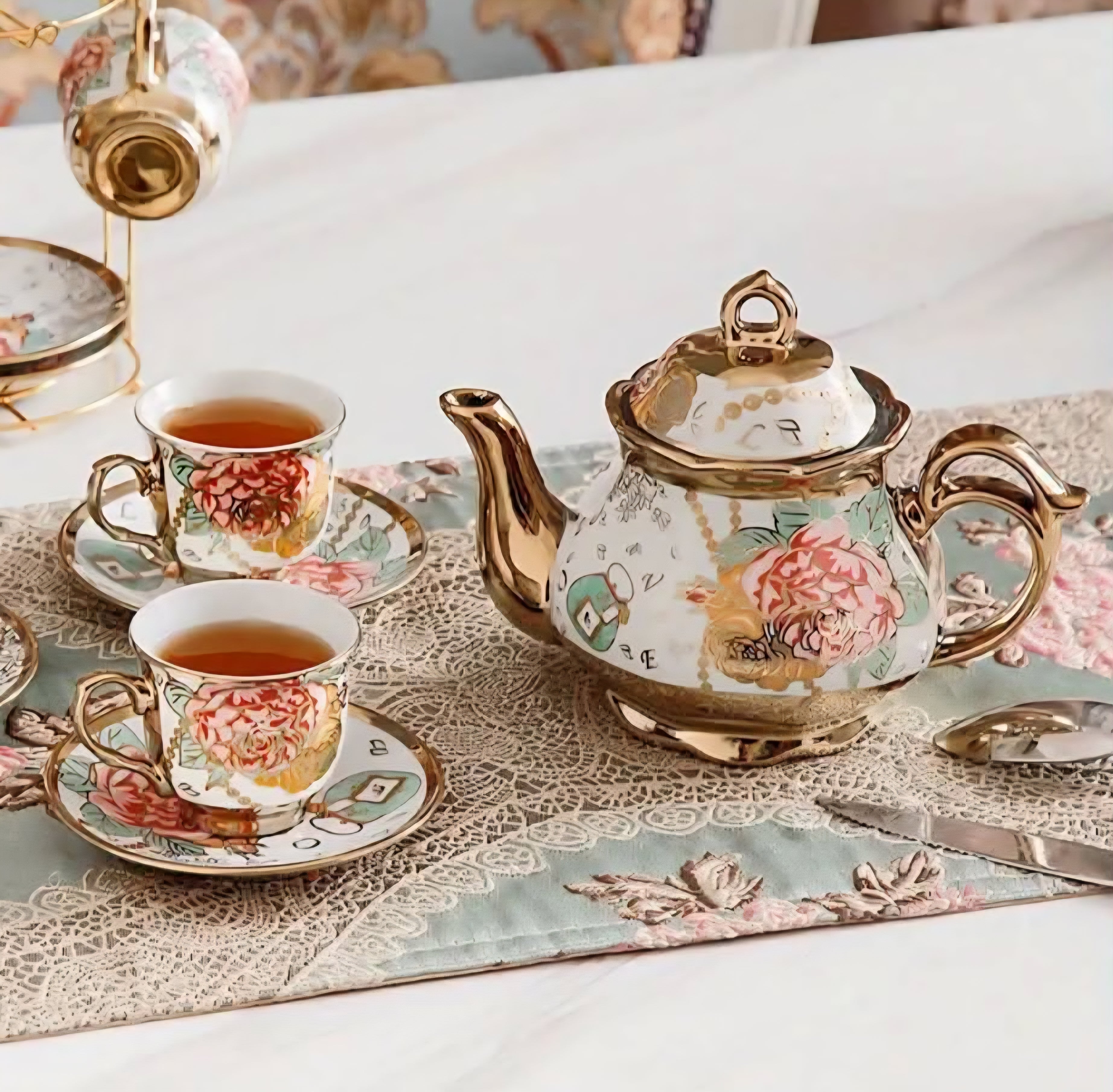 Luxury European Ceramic Coffee & Tea Set – Vintage Floral Cups & Teapot