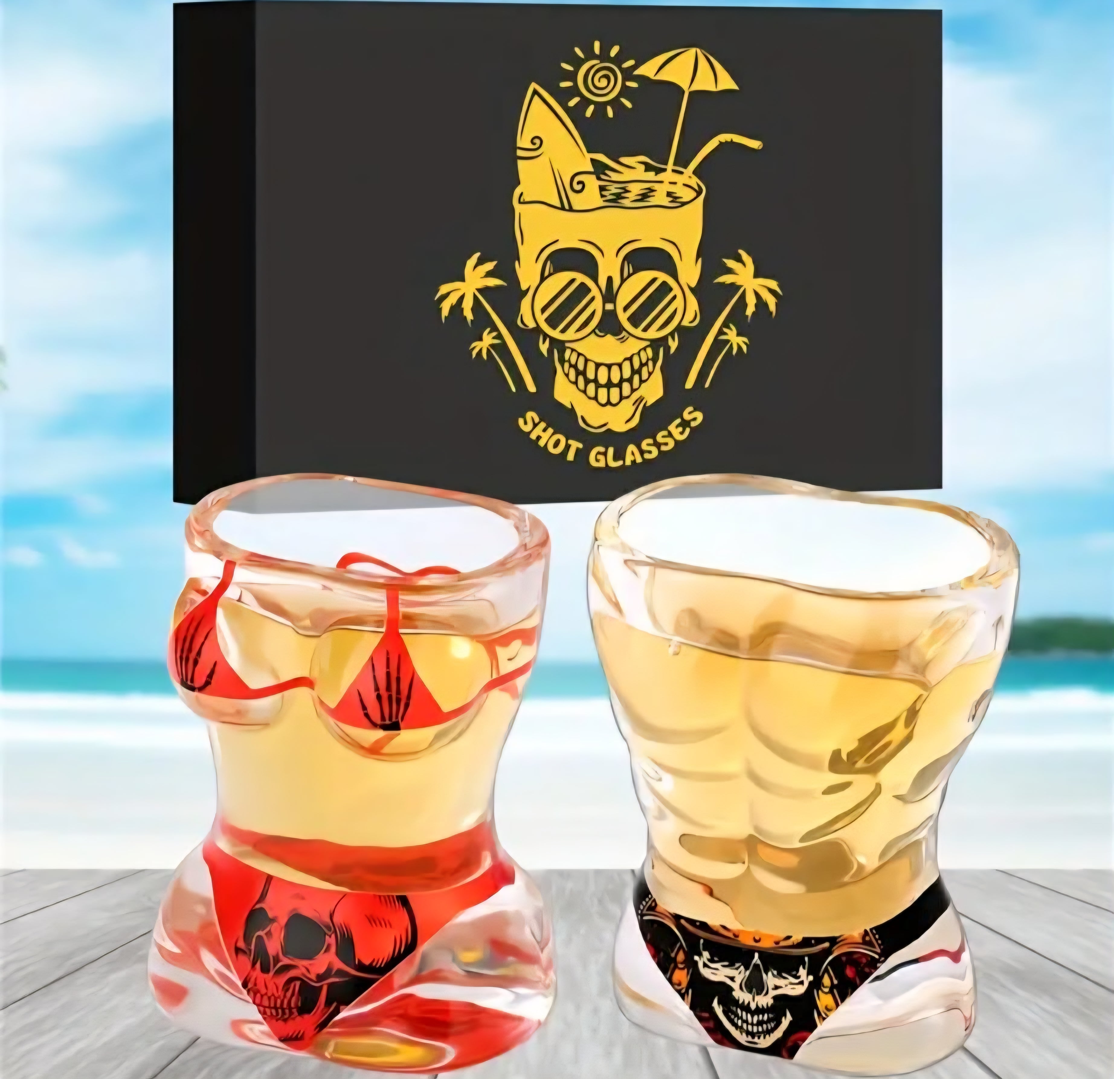 Reusable Glass Shot Glasses Set – Muscle Man & Bikini Skull Design, 30ml, Set of 2