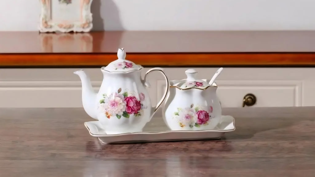 Ceramic Tea Pot & Sugar Bowl Set with Tray – Floral Vintage Design