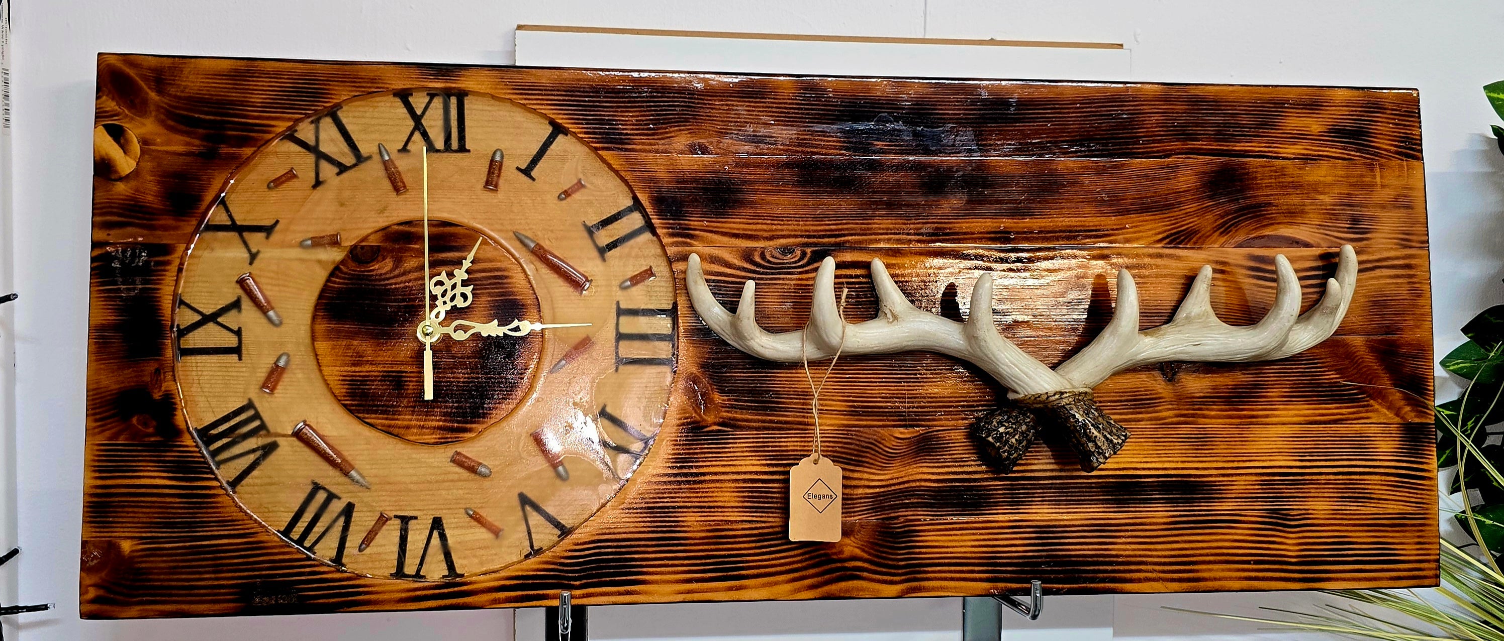 Handmade Rustic Wooden Wall Clock with Epoxy Resin & Antler Detail – 77×30 cm