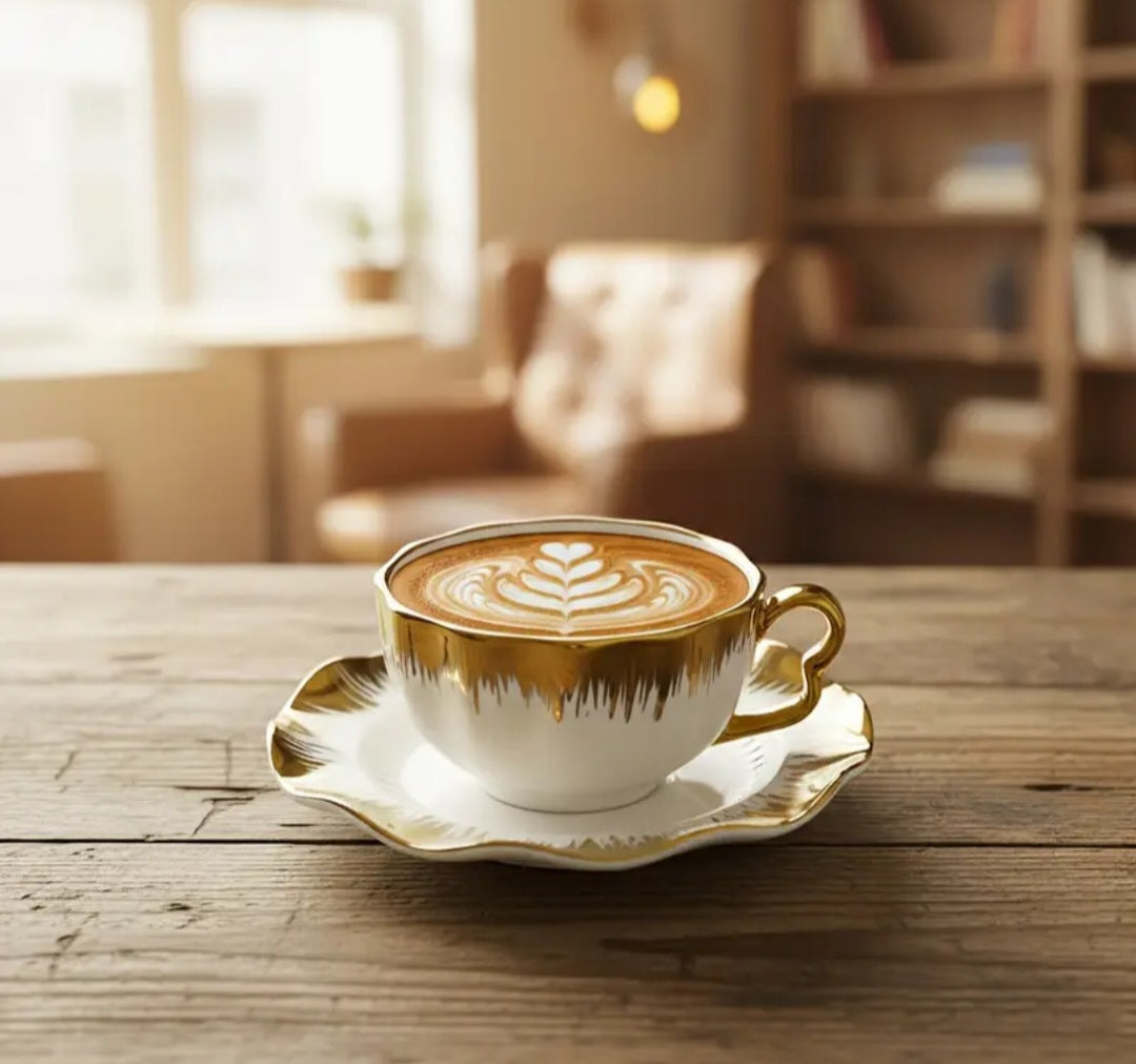 Luxury Bone China Coffee Cup & Saucer Set – Gold Detail, Set of 6