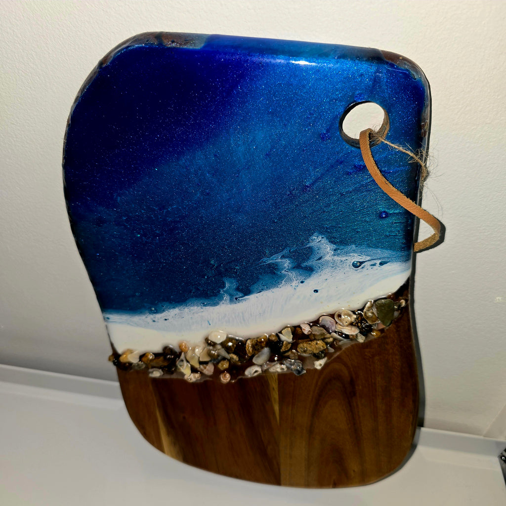 🌊 Handmade Wooden Serving Board with Resin Art – Ocean Style Design (30 × 20 cm)