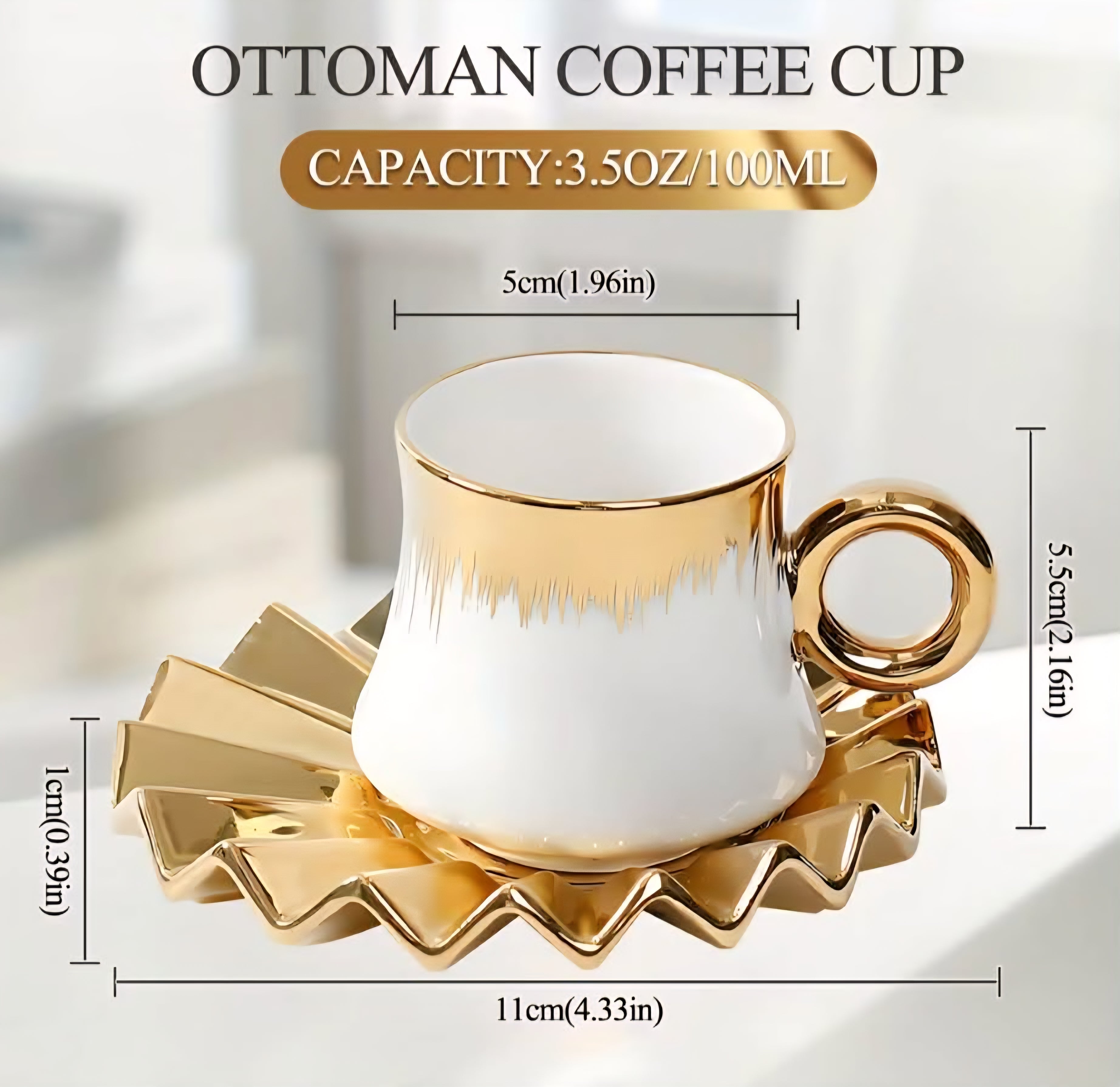 Luxury Ceramic Espresso Cup Set – White & Gold Design, 6 Cups with Saucers