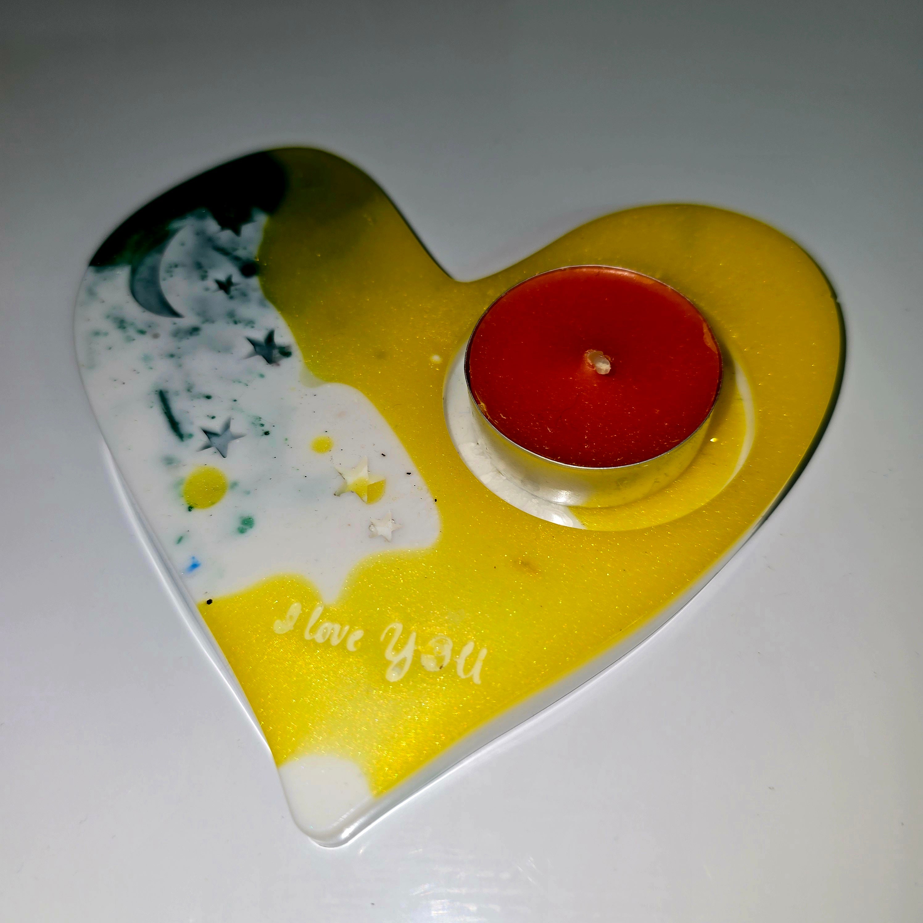 Handmade Heart-Shaped Resin Tealight Holder with “I Love You” Text – Decorative Candle Stand (13 cm)