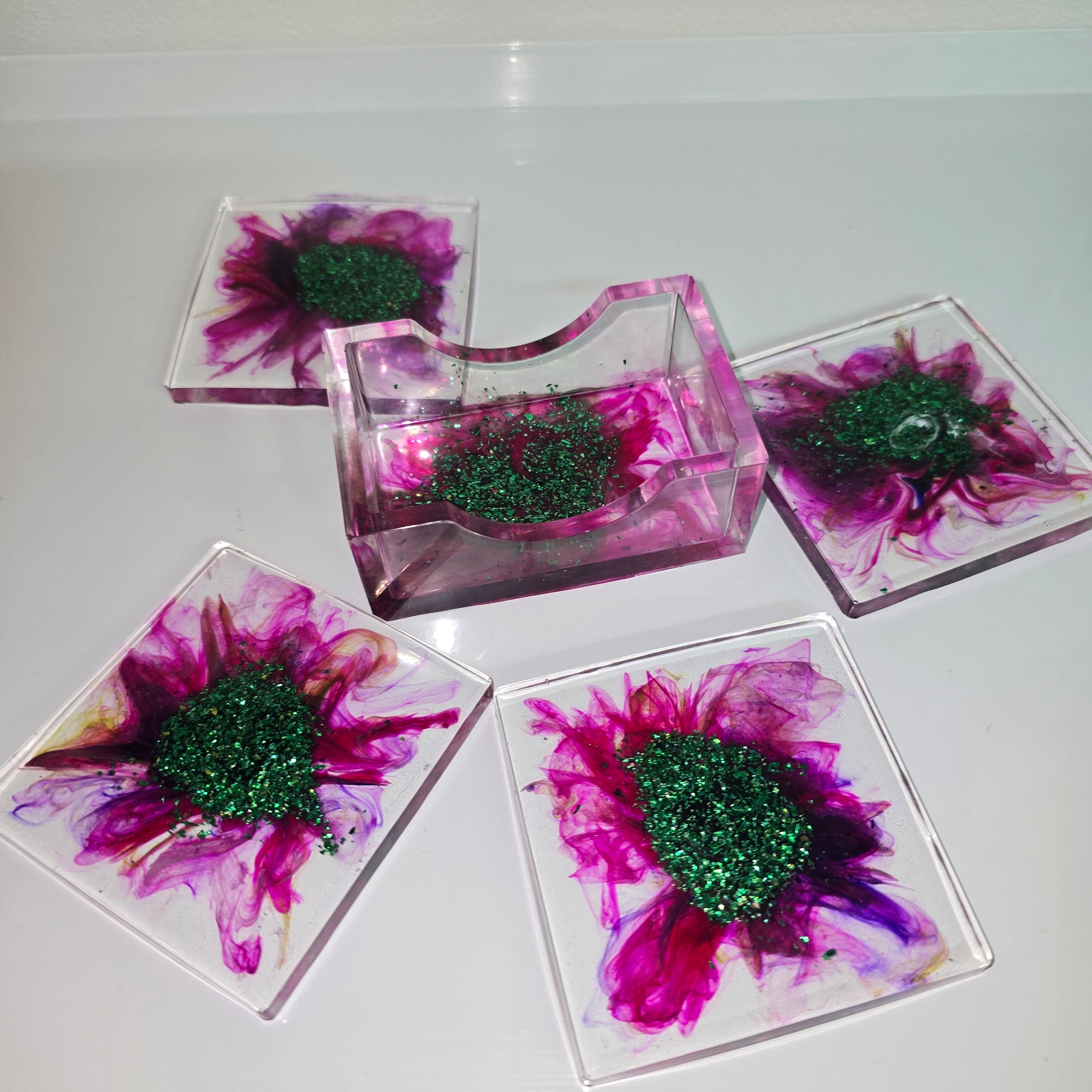 Handmade Resin Coaster Set with Holder – Ocean & Pebble Design (Set of 4)