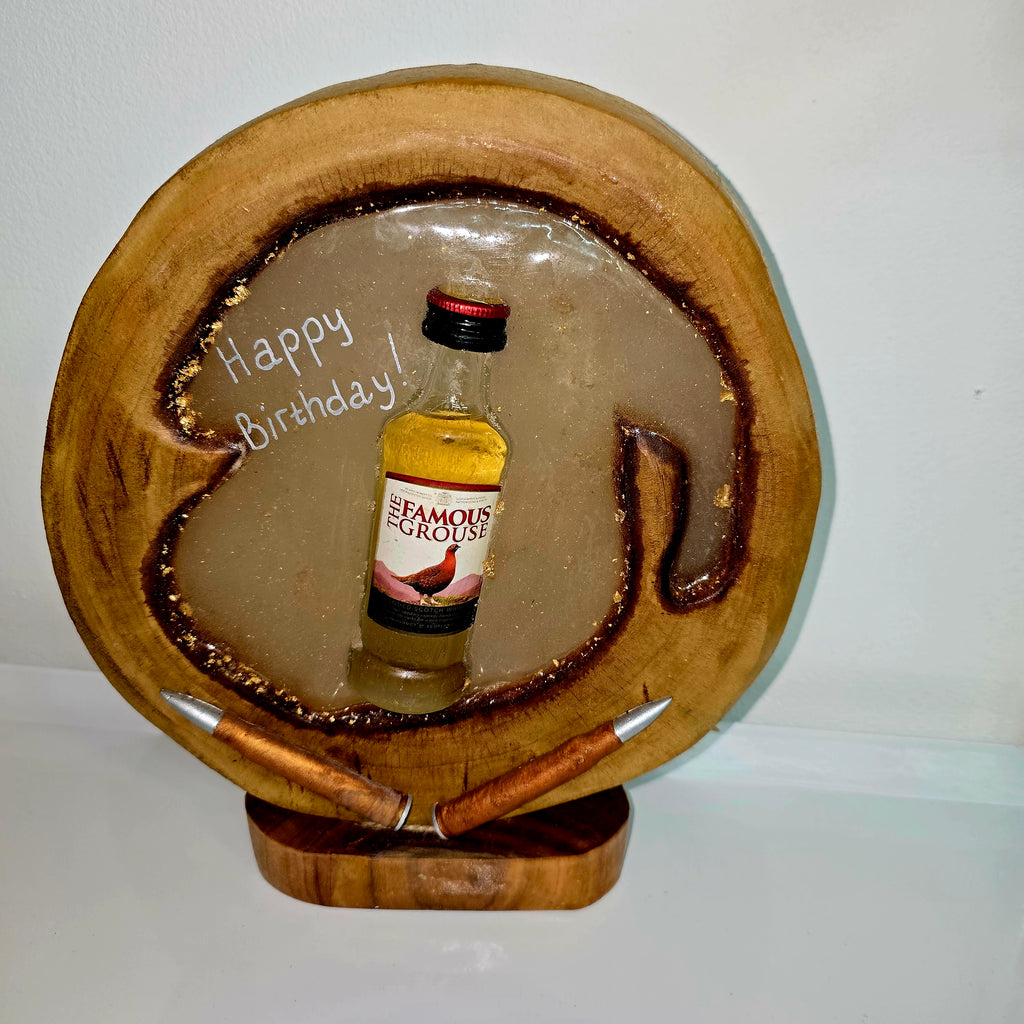 Handmade Wood & Epoxy Birthday Decor with Sealed Alcohol Bottle – Unique Display Gift (24 cm)