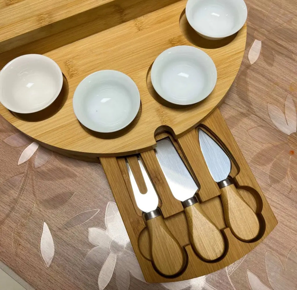 Foldable Bamboo Cheese Board Set with Bowls & Knives