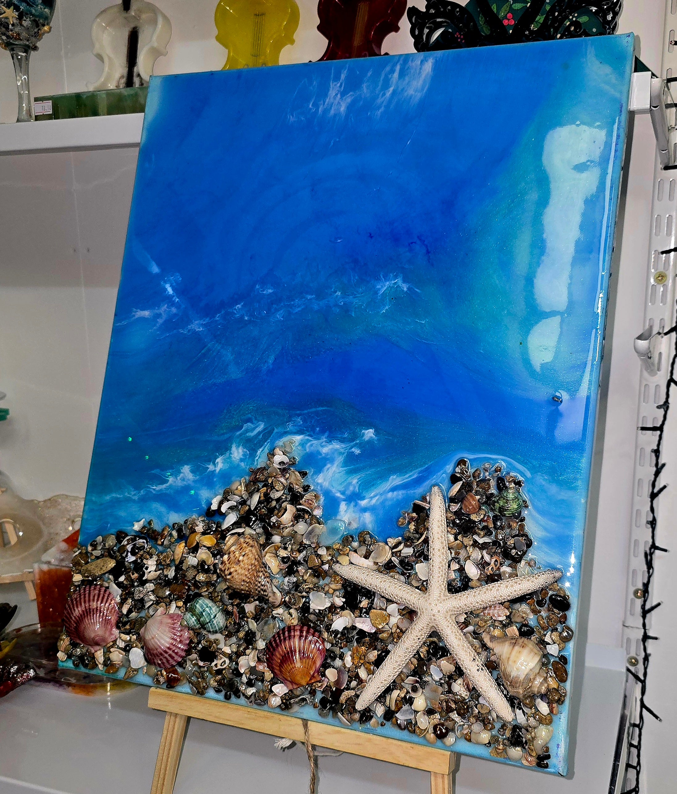 Large Handmade Epoxy Resin Ocean Wall Art with Natural Shells & Starfish – Coastal Decor (52 × 41 cm)