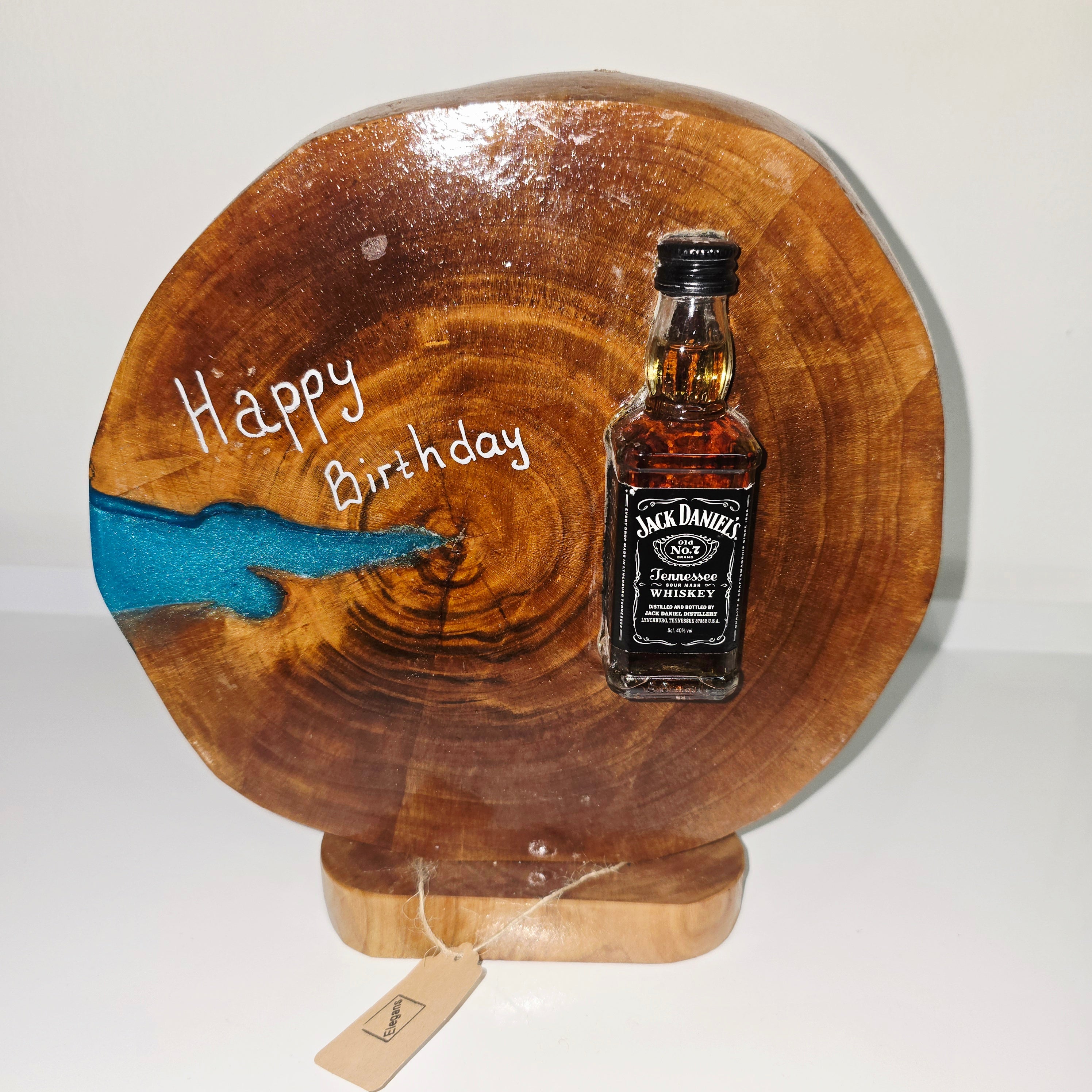 Handmade Wood & Epoxy Birthday Decor with Sealed Alcohol Bottle – Unique Display Gift (24 cm)