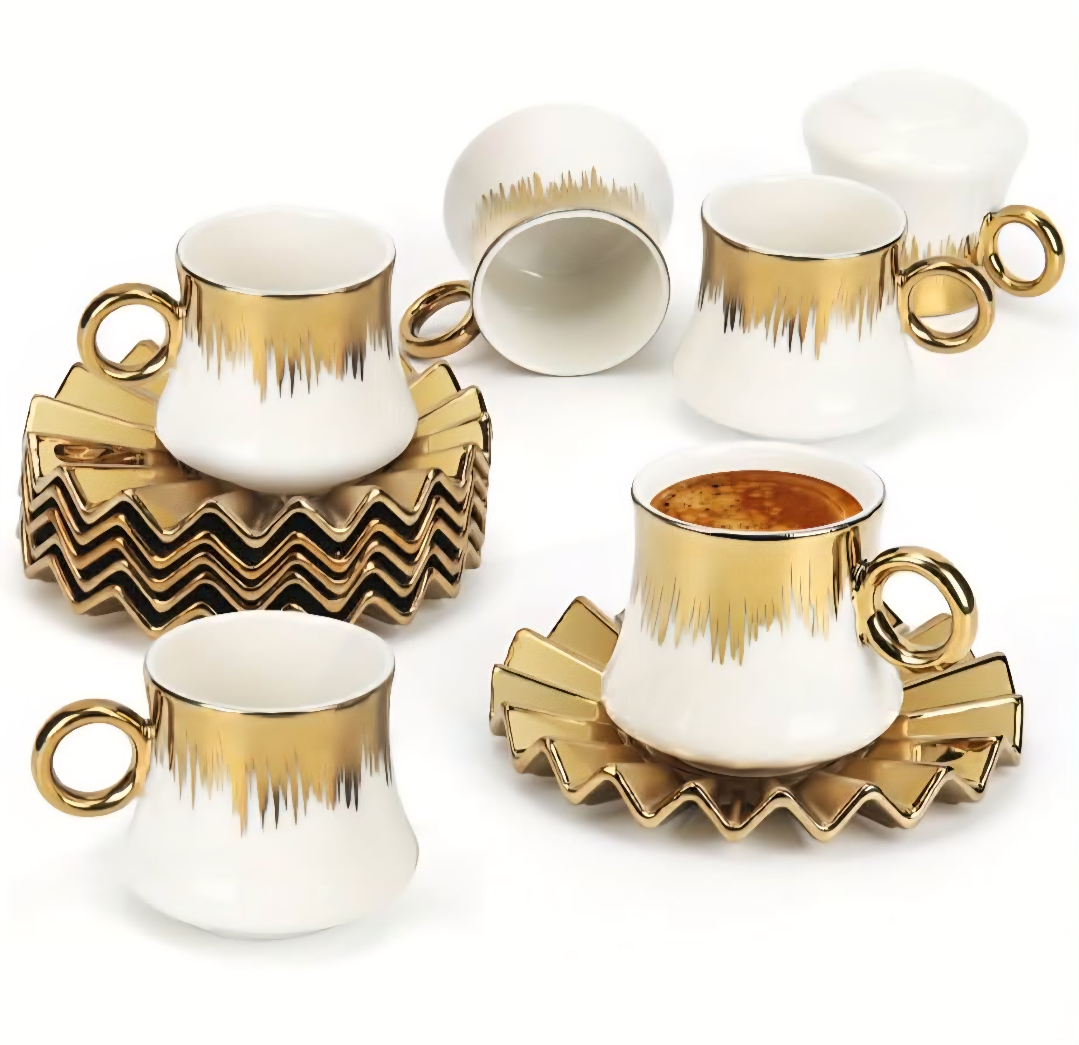 Luxury Ceramic Espresso Cup Set – White & Gold Design, 6 Cups with Saucers