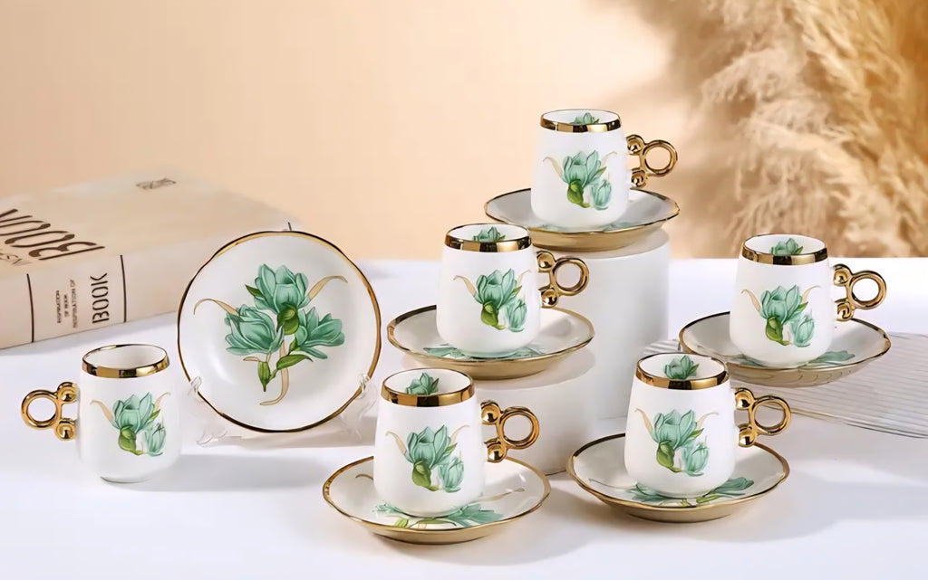 Elegant Nordic Ceramic Espresso Coffee Set – 6 Cups & 6 Saucers, Floral Design