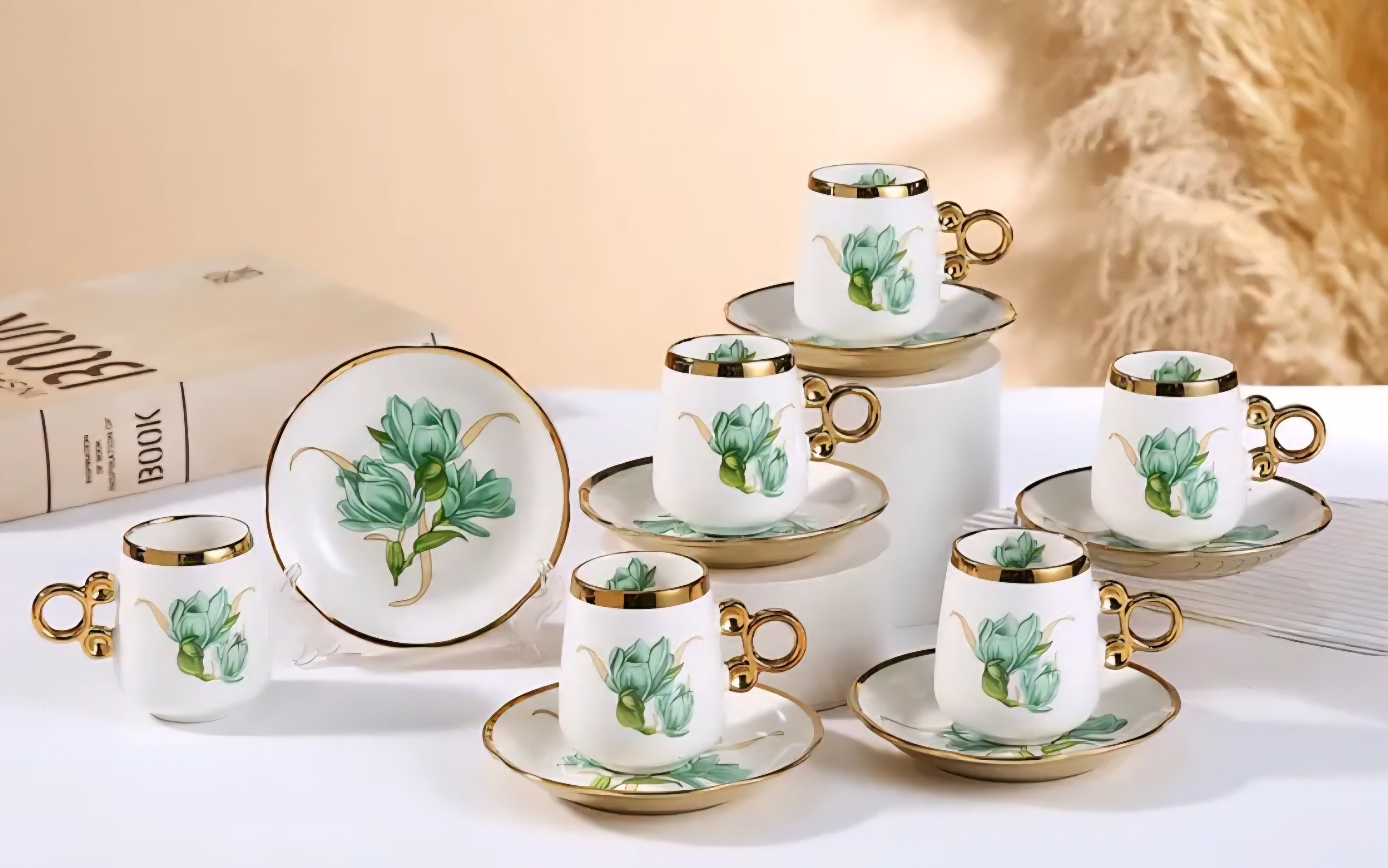 Elegant Nordic Ceramic Espresso Coffee Set – 6 Cups & 6 Saucers, Floral Design