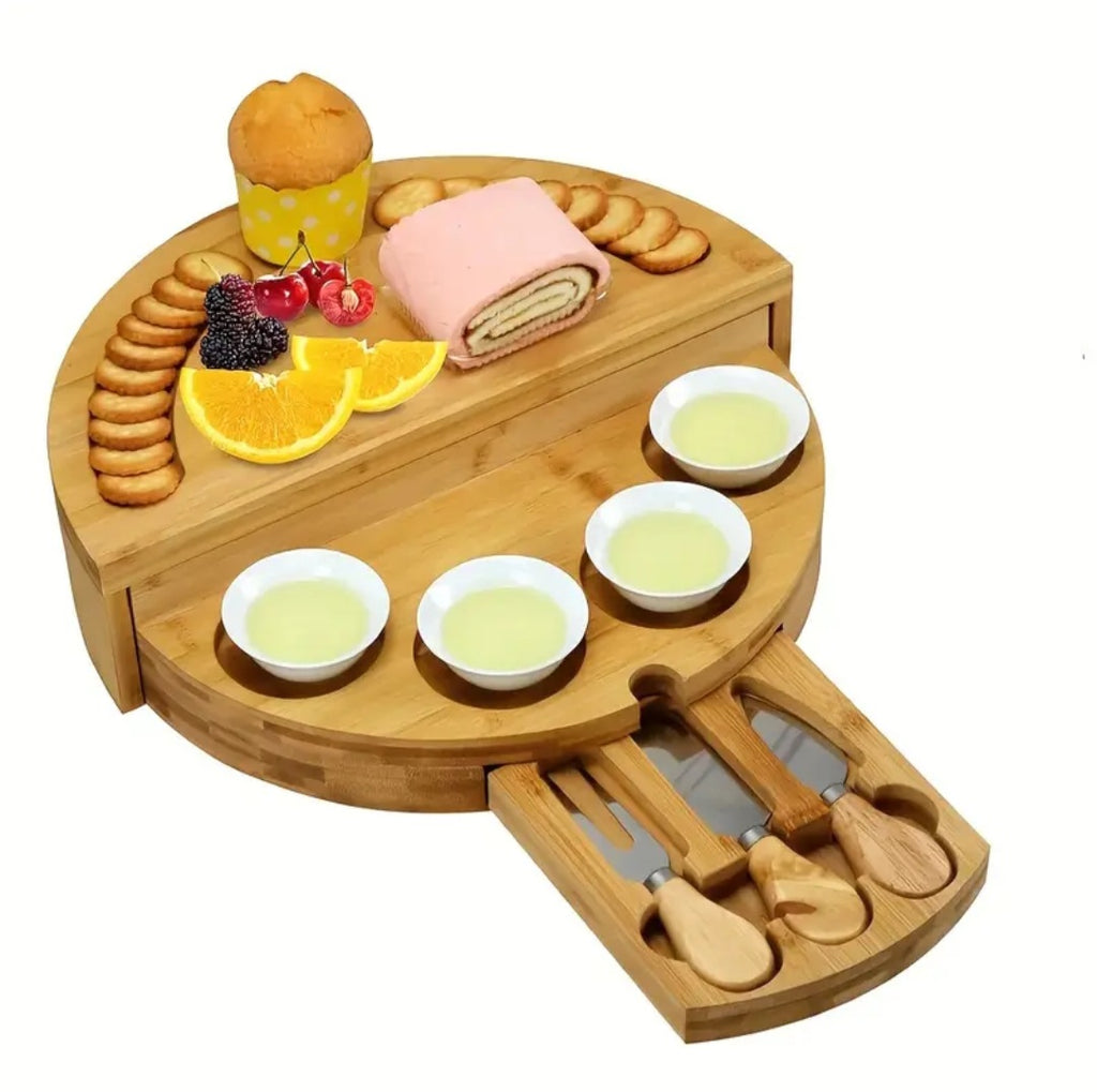 Foldable Bamboo Cheese Board Set with Bowls & Knives