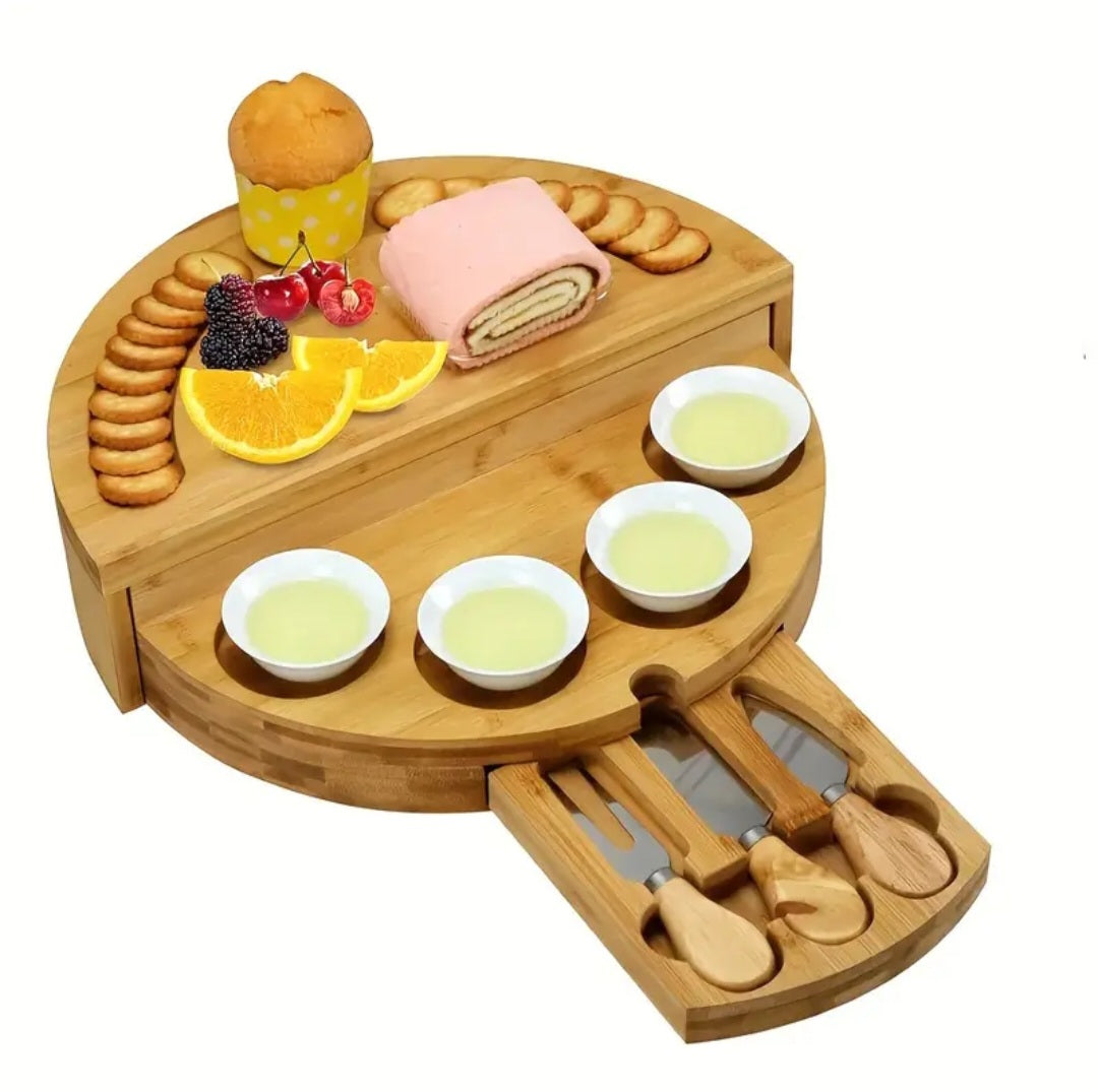Foldable Bamboo Cheese Board Set with Bowls & Knives