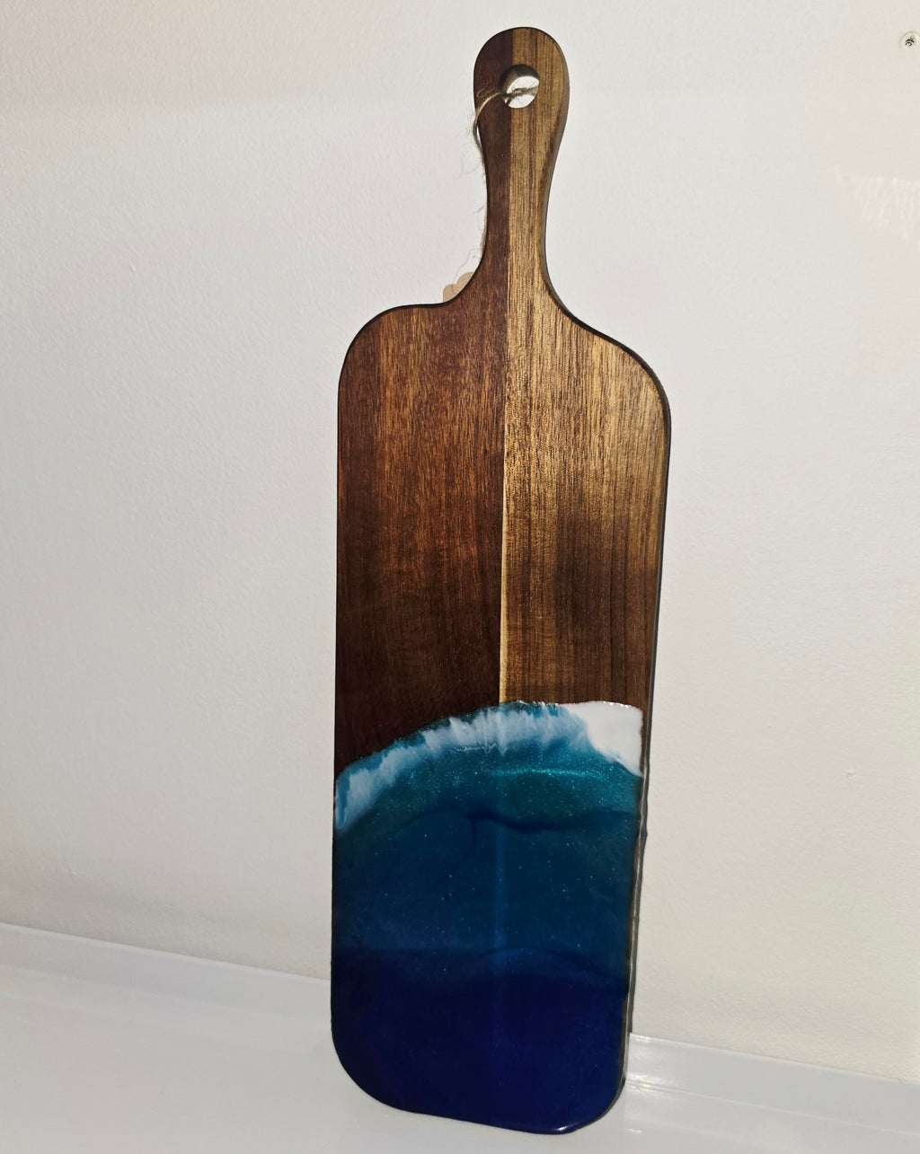 🌊 Handmade Wooden Serving Board with Resin Art – Ocean Style Design (41 × 12 cm)