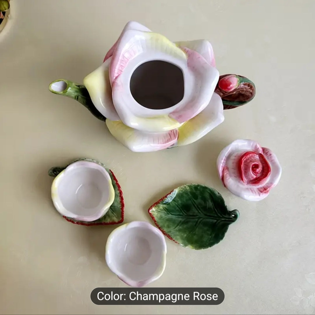 Rose Design Ceramic Tea Set – Teapot, 2 Cups & Leaf Saucers