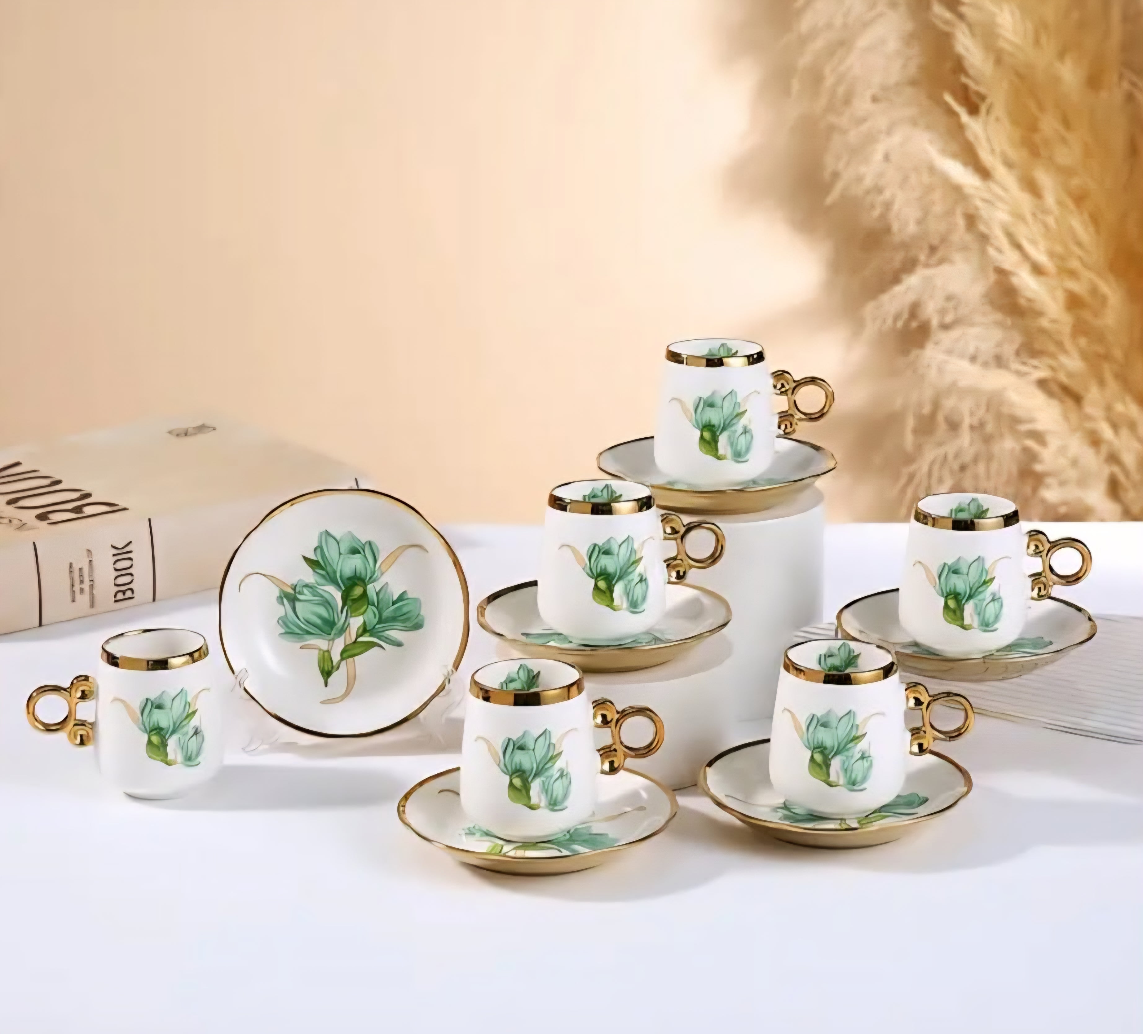 Elegant Nordic Ceramic Espresso Coffee Set – 6 Cups & 6 Saucers, Floral Design